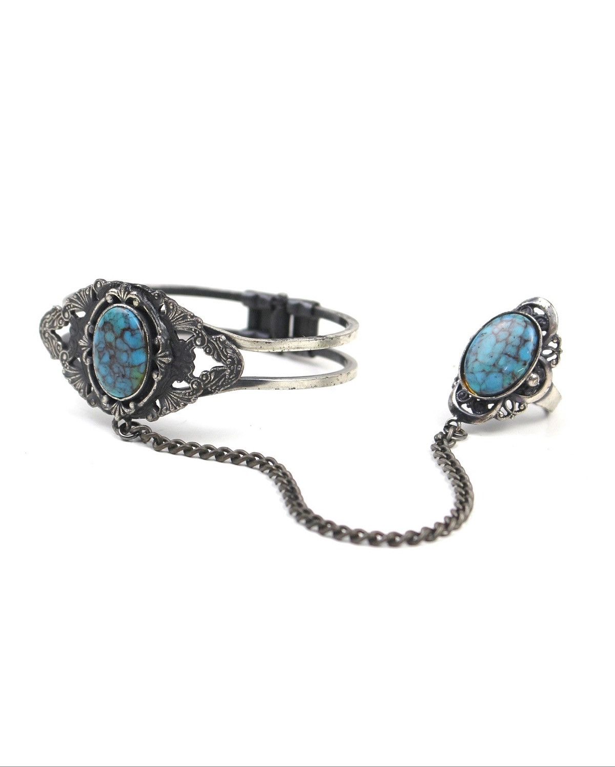 Vintage 2000S JAPANESE MADE BOHO TURQUOISE HAND CUFF & RING Size ONE SIZE - 4 Thumbnail