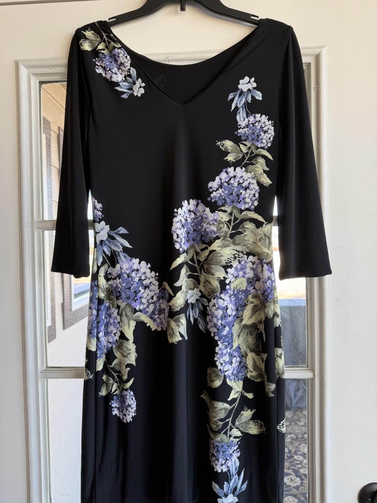 Other WHBM Small 3/4 Long Sleeve Floral Stretch Black Periwinkle Size S / US 4 / IT 40 - 1 Thumbnail
