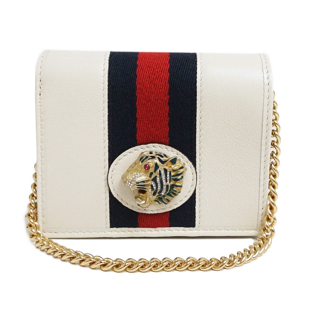 Gucci Raja Tiger Bifold Chain Wallet Leather Canvas White