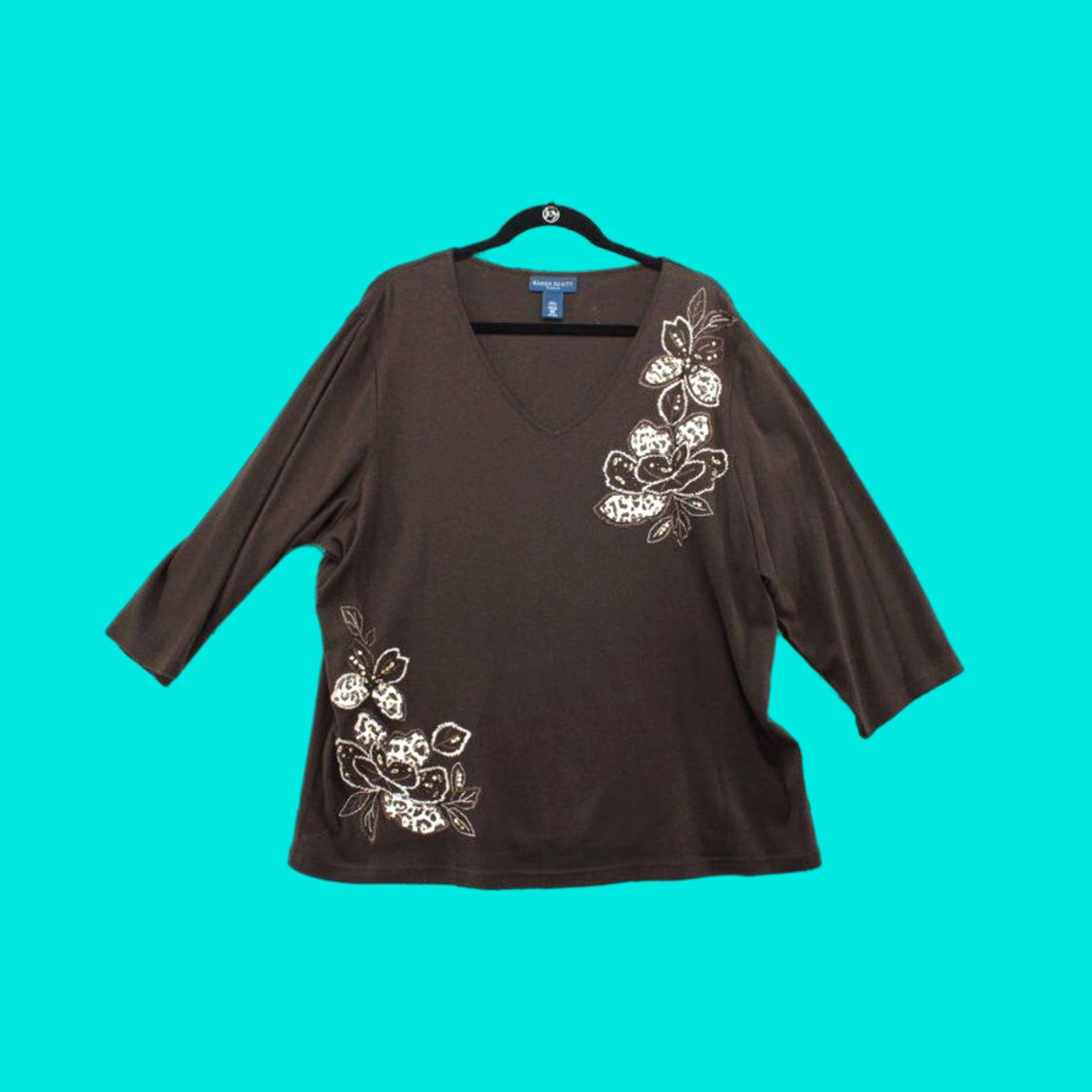 Vintage VINTAGE Karen Scott Blouse 2X Women 3/4 Sleeve V-Neck Brown Cotton Cheetah Floral Bling Embroidered Sequin Tunic Size XXL / US 16-18 / IT 52-54 - 1 Thumbnail