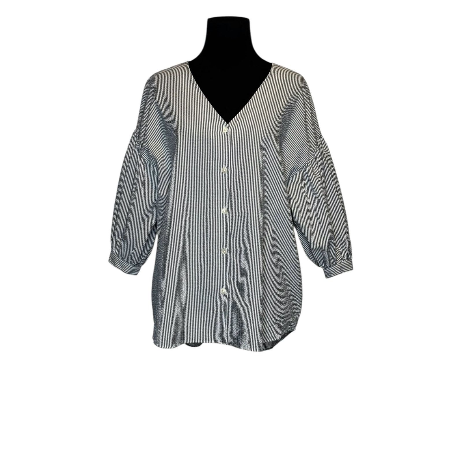 MOUSSY Moussy gray white striped 3/4 sleeves blouse size Free Size Size ONE SIZE - 17 Thumbnail