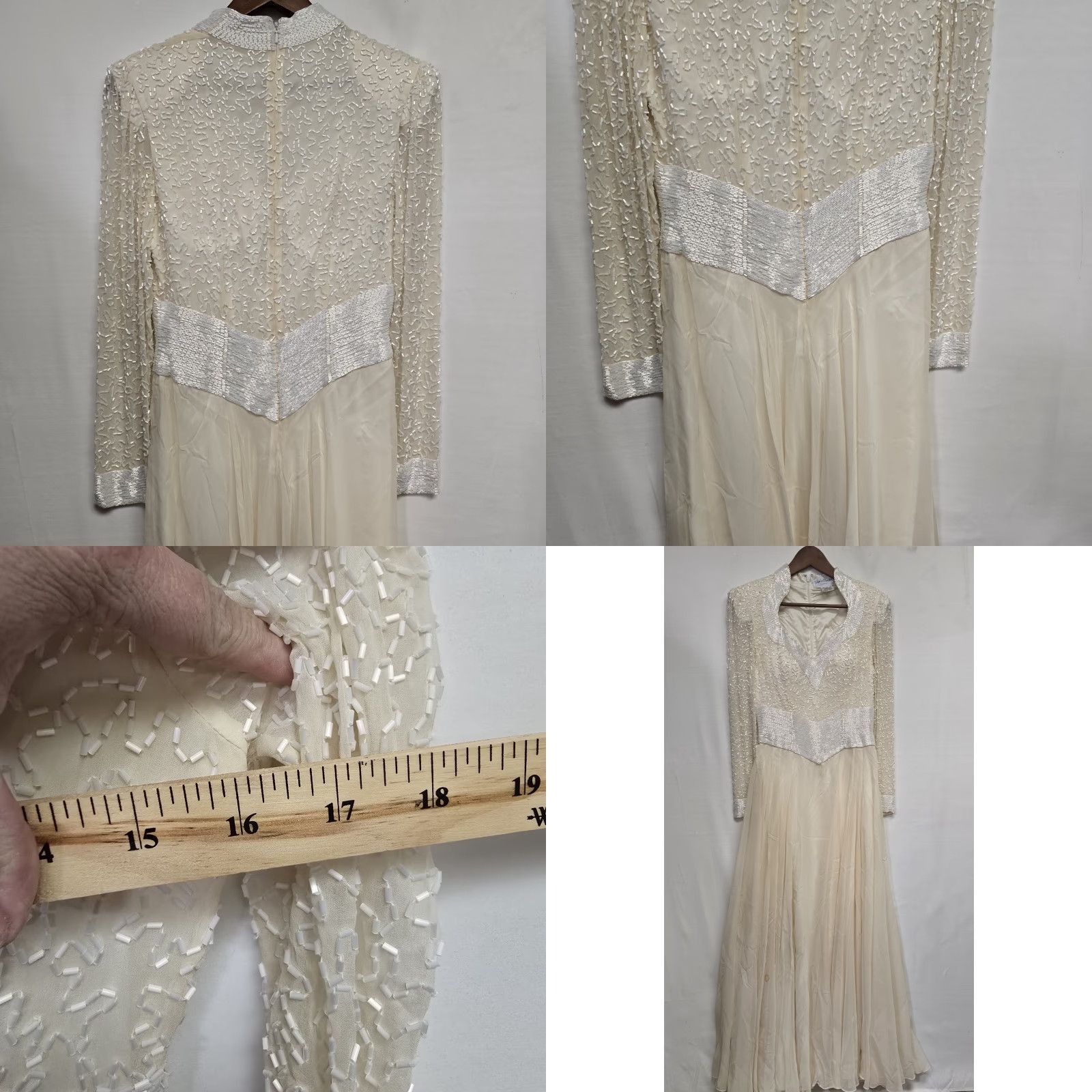 VINTAGE Gigi's Closet Beaded Silk Wedding Dress Long Gown Womens M 100% Silk Off the Shoulder Ivory Ball Gown Wedding Dress 1990s Womens (M)