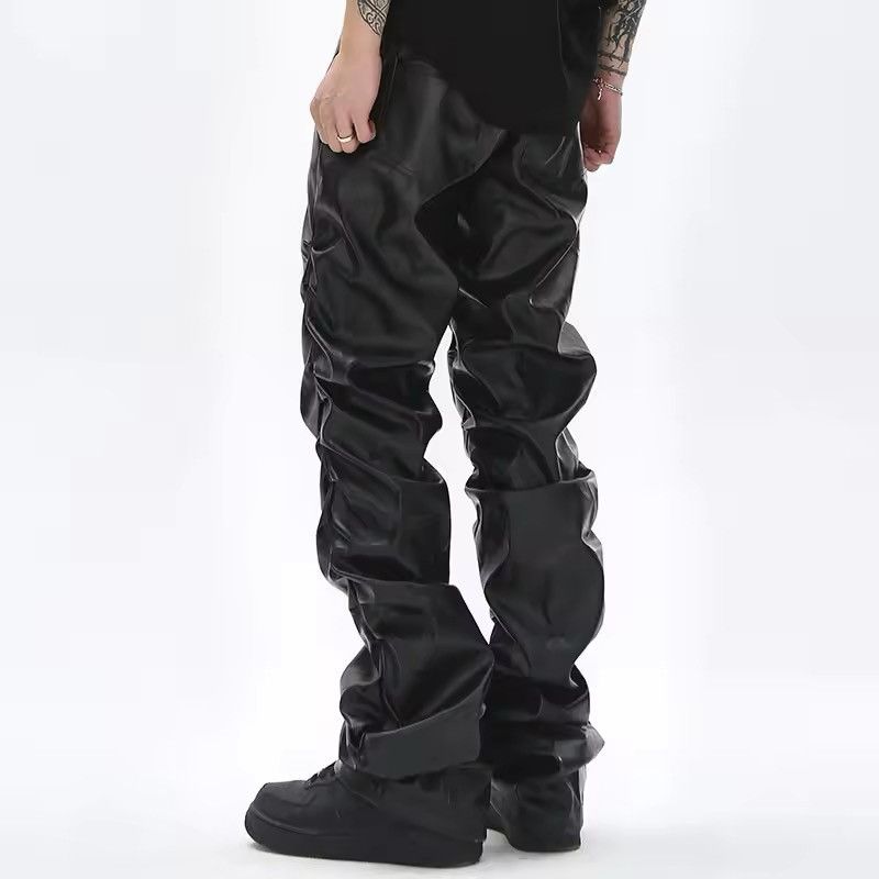 Jean Pleated Pu Leather Pants Streetwear Loose Ruched Casual Size US 32 / EU 48 - 4 Thumbnail