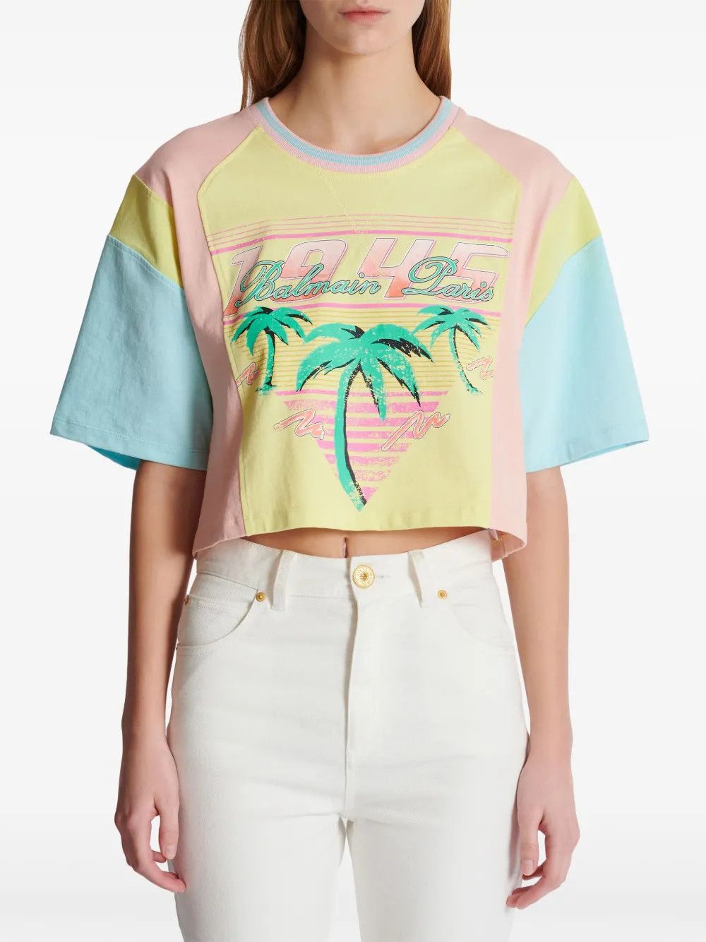 Balmain o1s1wg110725 Palm Tree Print Cropped T-Shirt in Multicolor Size M / US 6-8 / IT 42-44 - 5 Thumbnail