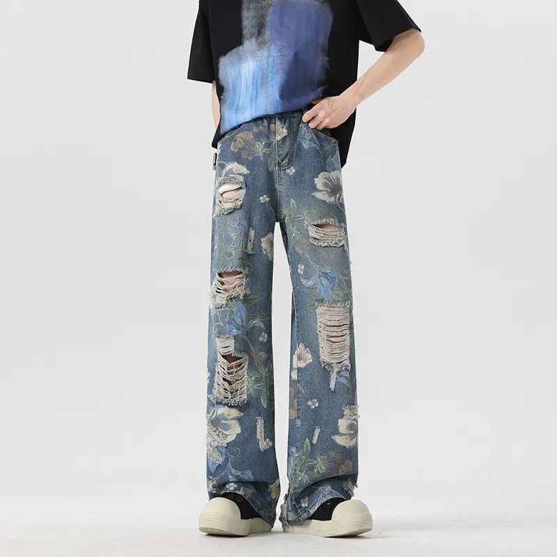 Japanese Brand Retro loose wide leg printed ripped jeans Size US 30 / EU 46 - 2 Thumbnail
