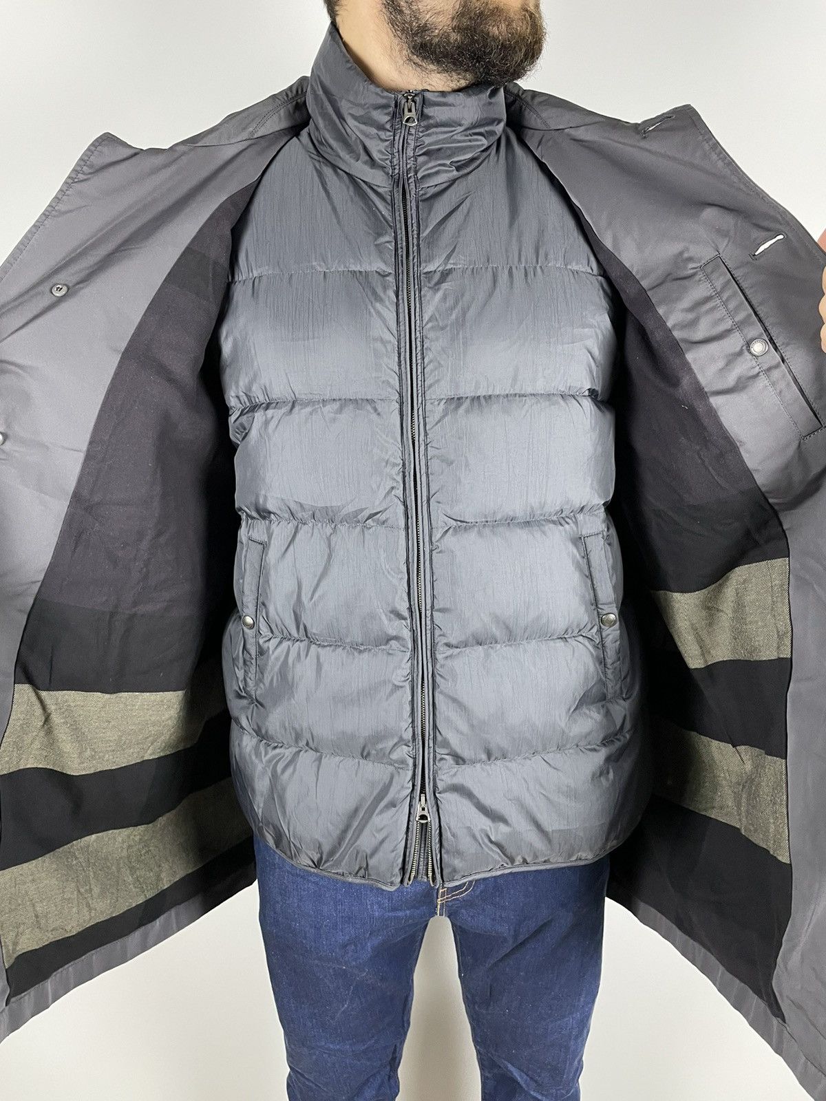 image of Burberry Brit Trench Jacket Removable Puffer Gillet Coat in Grey, Men's (Size 2XL)