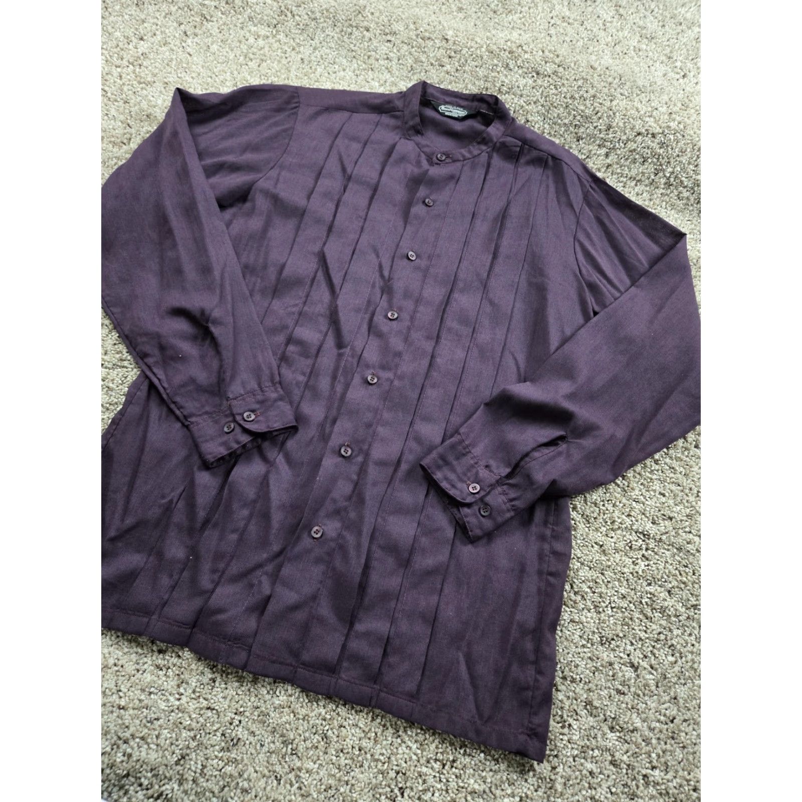 Vintage VINTAGE BonHomme Shirt Mens M Purple Band Collar Pleated Front Button-Up Solid Polyester Blend Size 40R - 2 Thumbnail