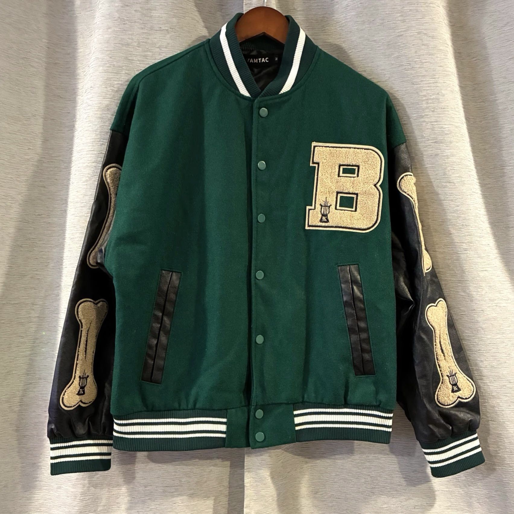 Bones Varsity Jacket Adult Medium Green Bones Letterman Patches Vamtac Fashion Jacket Mens Casual Pockets Size US M / EU 48-50 / 2 - 2 Thumbnail