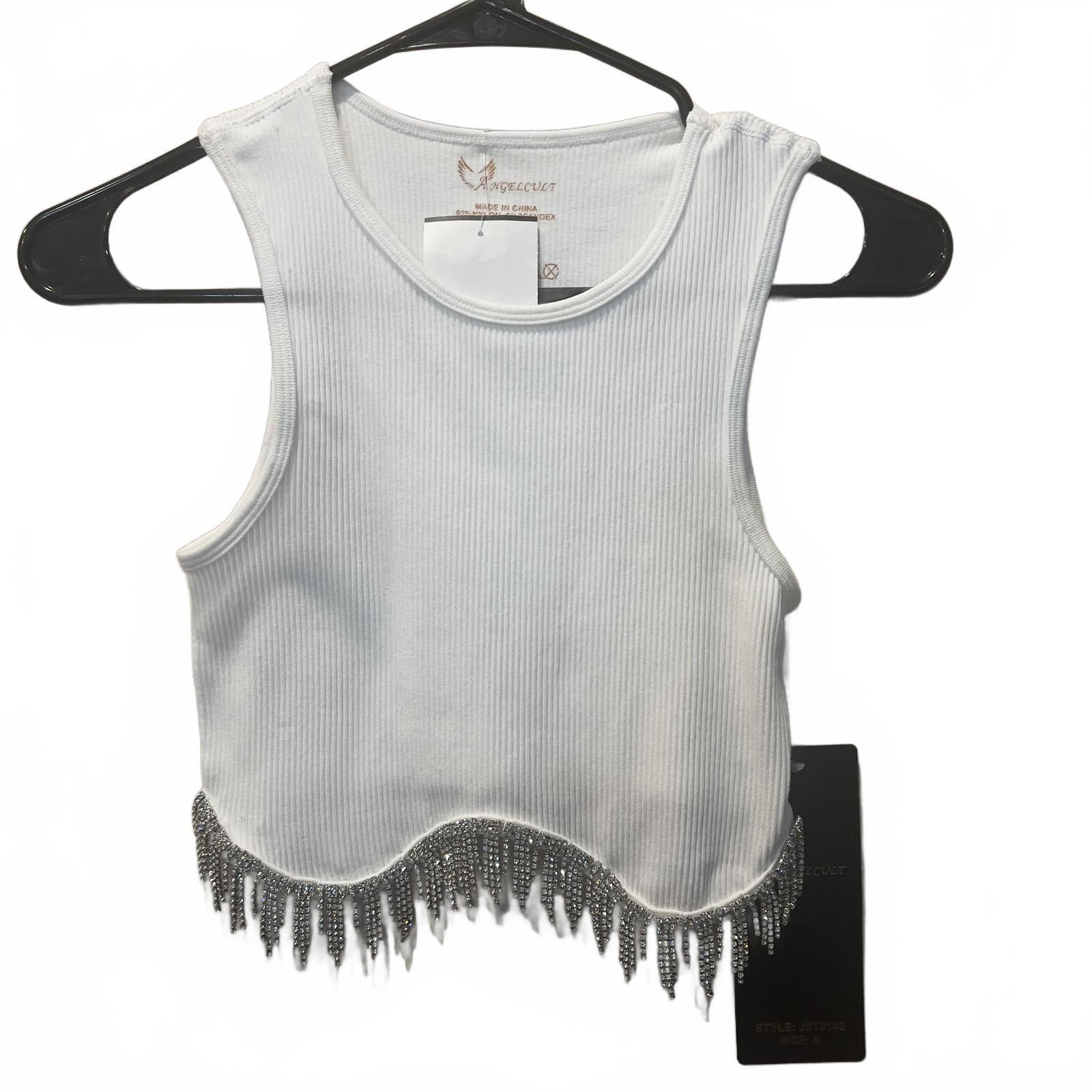 Other NWT Angelcult White Ribbed Crop Top with Rhinestone Fringe Size S / US 4 / IT 40 - 1 Thumbnail