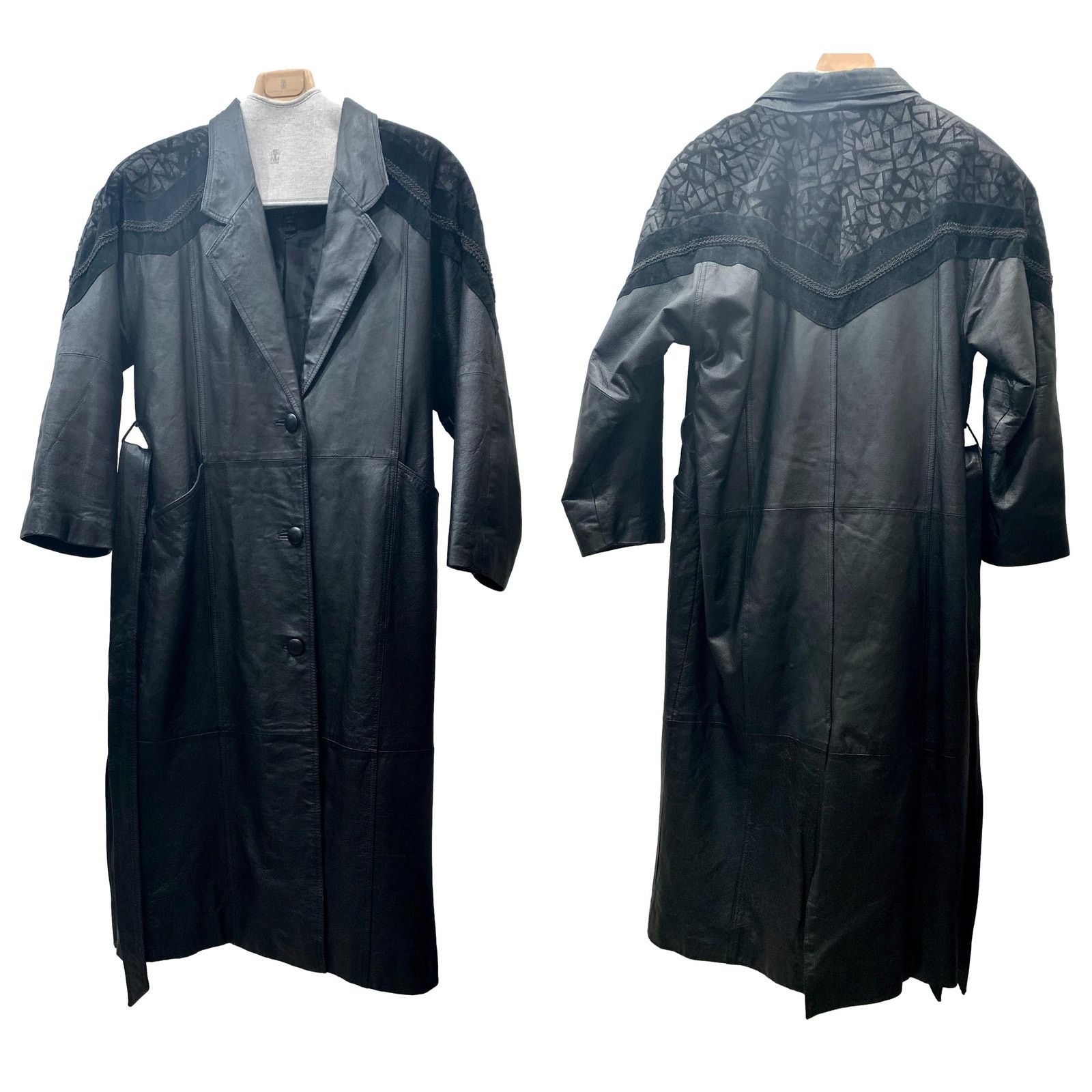Vintage 90s BLACK Leather & Suede Maxi Trench Coat w Belt | Sm Size S / US 4 / IT 40 - 8 Thumbnail