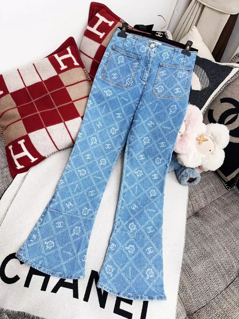 Chanel 23A blue camellia diamond checkered jeans