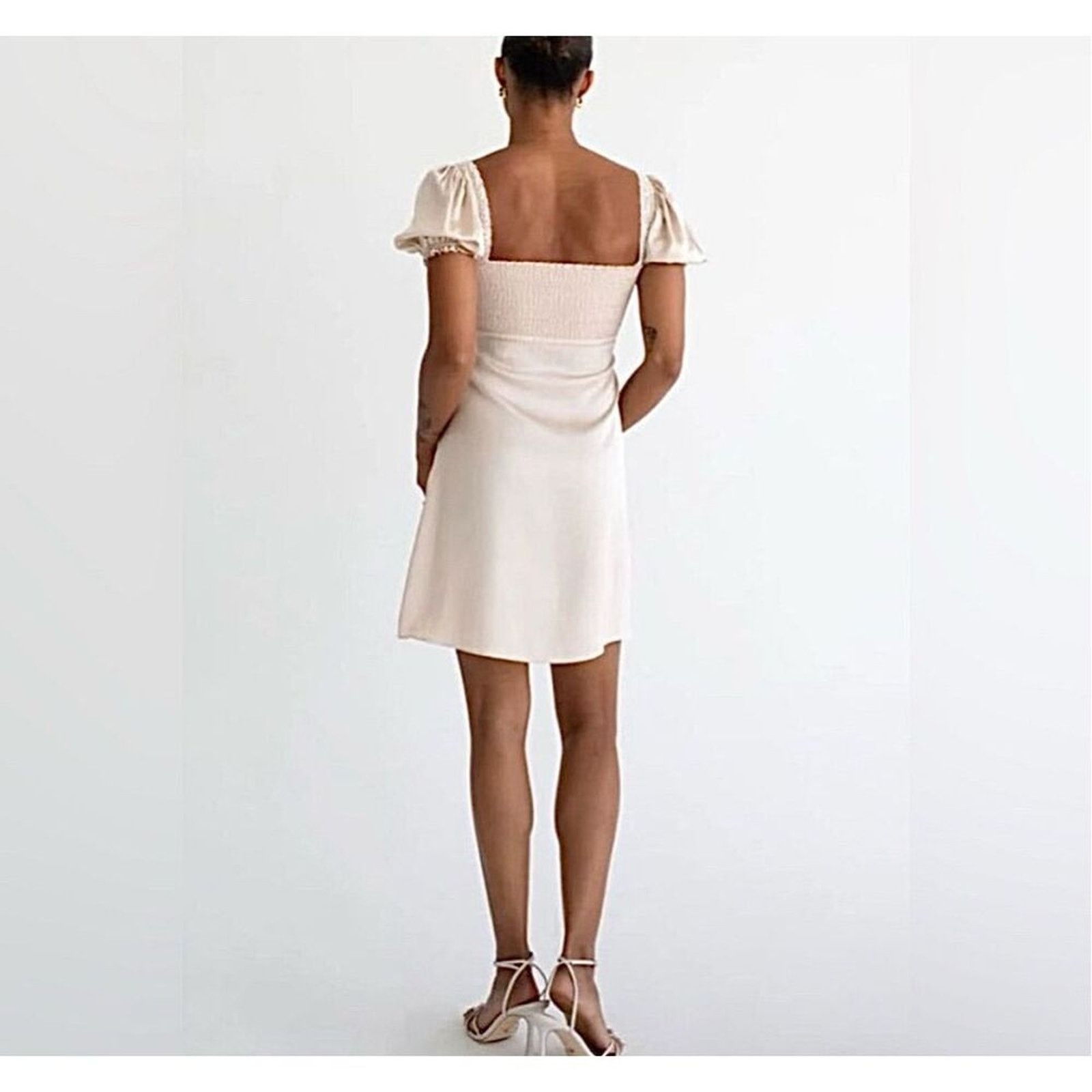 Other Rumored Napa Valley Mini Dress LARGE Beige Smocking Lace NEW Size L / US 10 / IT 46 - 3 Thumbnail