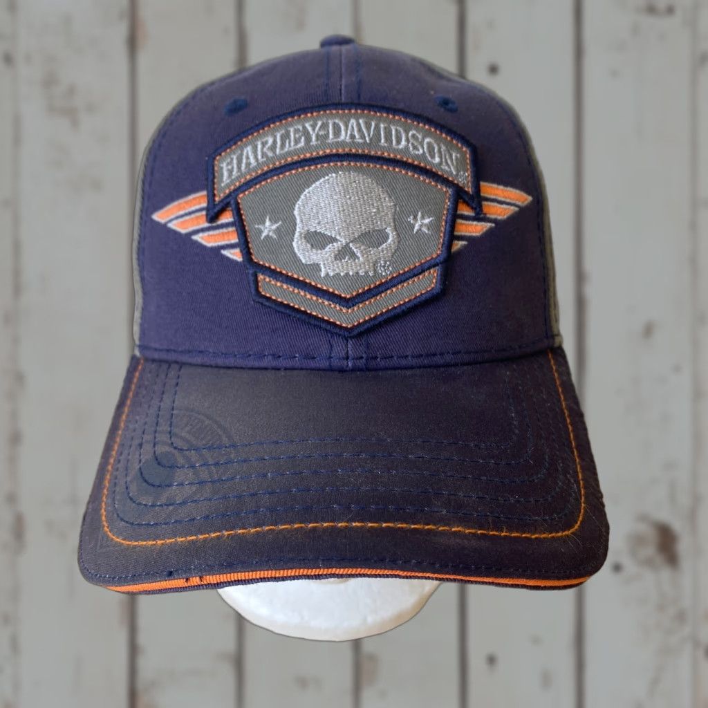 Harley Davidson Harley Davidson Strapback Hat Aviator Skull Wings Patch Blue Gray Orange One Size Unisex Adults Baseball Cap Size ONE SIZE - 1 Thumbnail