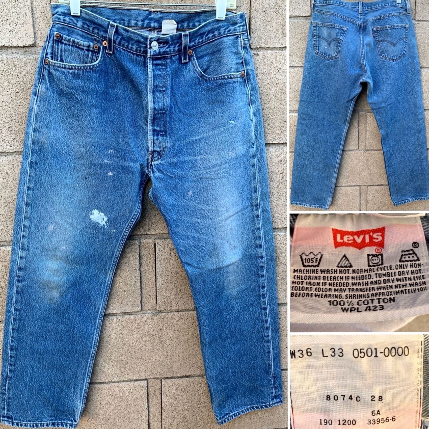 Levi's VINTAGE Levi's 501 Jeans Blue Cotton 34 in Waist 29.5 Inseam 36 Mens Regular Paint Fade 100% Cotton Button Fly Size US 36 / EU 52 - 2 Thumbnail