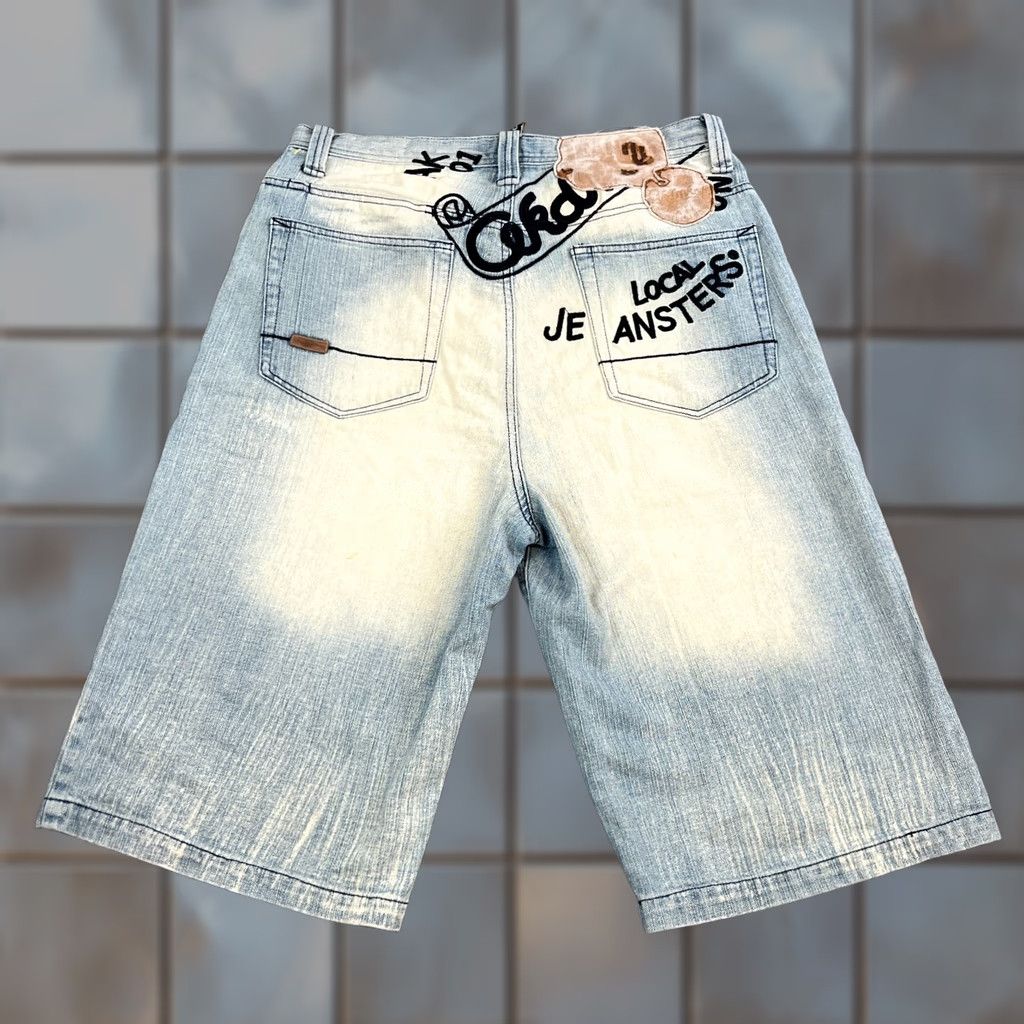 Denime Akadimilk Mens Denim Shorts W34 Blue Vintage 90s Spellout Embroidered Hiphop Y2K Cargo Pockets 5-Pocket Regular Mens Size US 34 / EU 50 - 1 Thumbnail