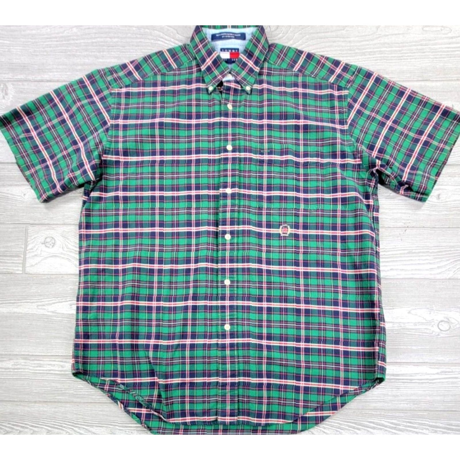Tommy Hilfiger VINTAGE Tommy Hilfiger Shirt Men's Plaid Button-Up Short Sleeve M Green 90s Crest Logo Size US M / EU 48-50 / 2 - 2 Thumbnail