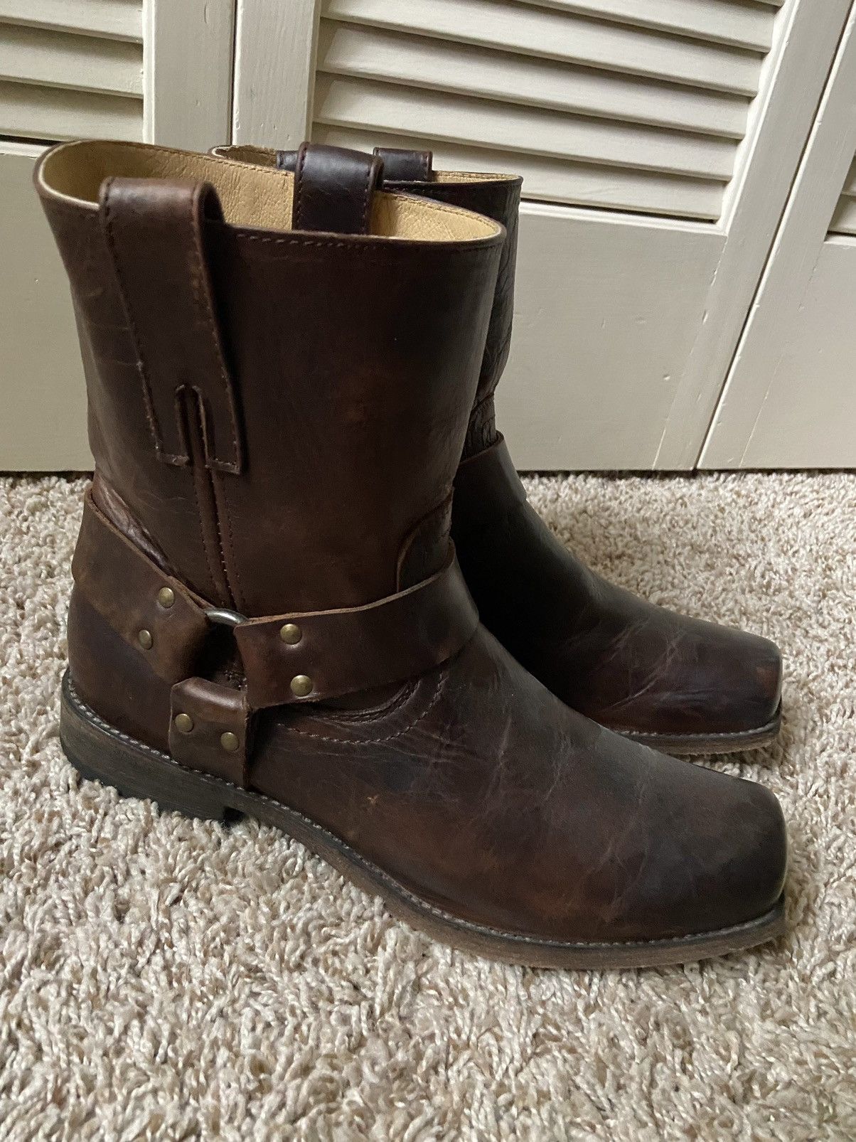 image of Frye Brown Leather Boots Harness Pull On Square Toe Western, Men's (Size 8.5)