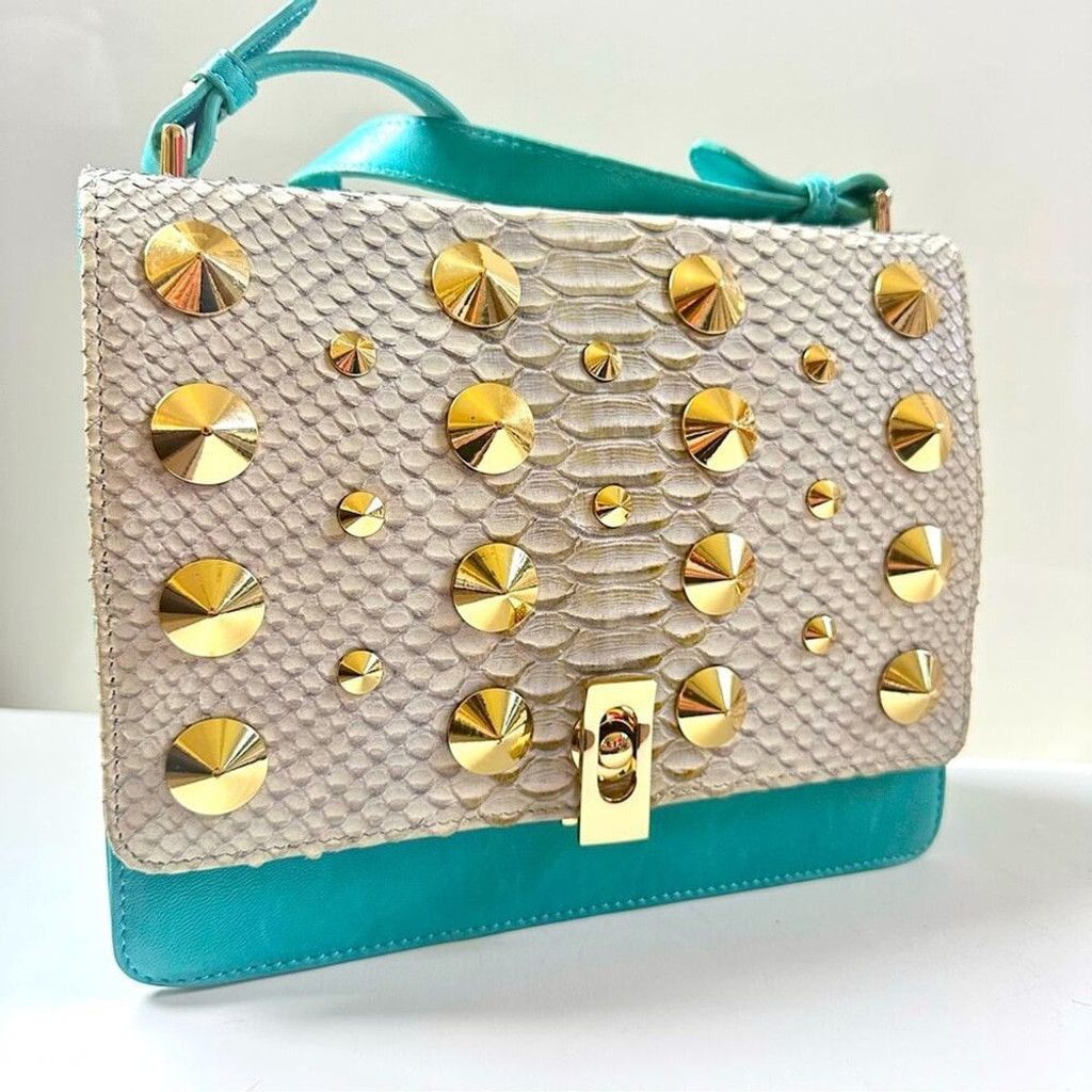 Be & D Vintage Turquoise Studded Gold Leather Envelope Bag in Blue, Women's