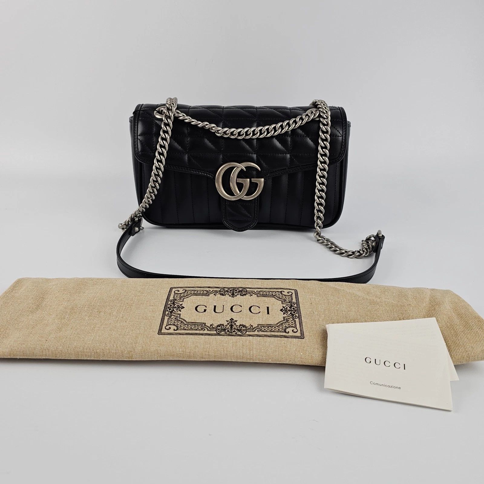 GUCCI GG Marmont Medium Black Leather Shoulder Bag Auth