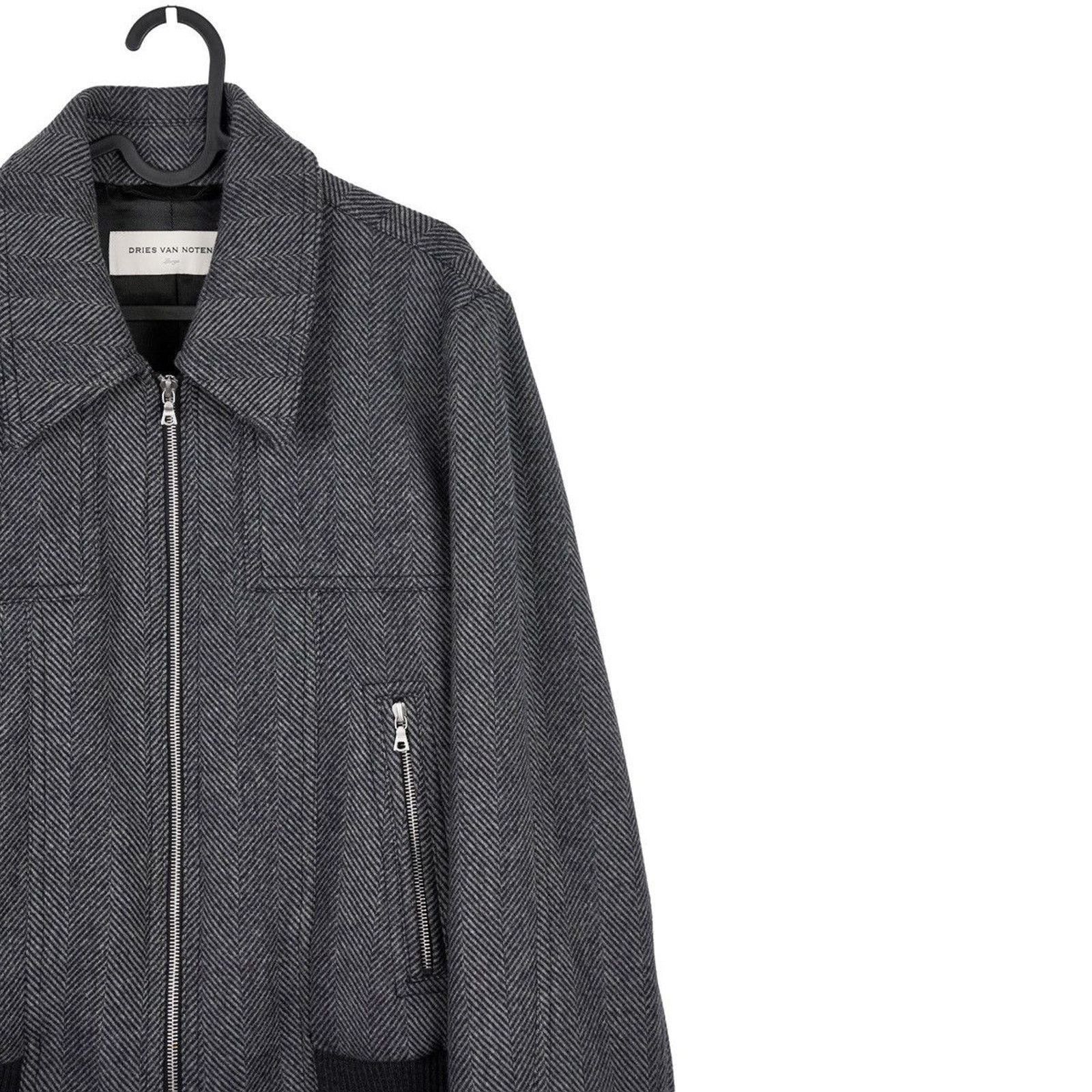 Dries Van Noten Dries Van Noten Mens Herringbone Wool Gray Zip Bomber Jacket Size US L / EU 52-54 / 3 - 3 Thumbnail