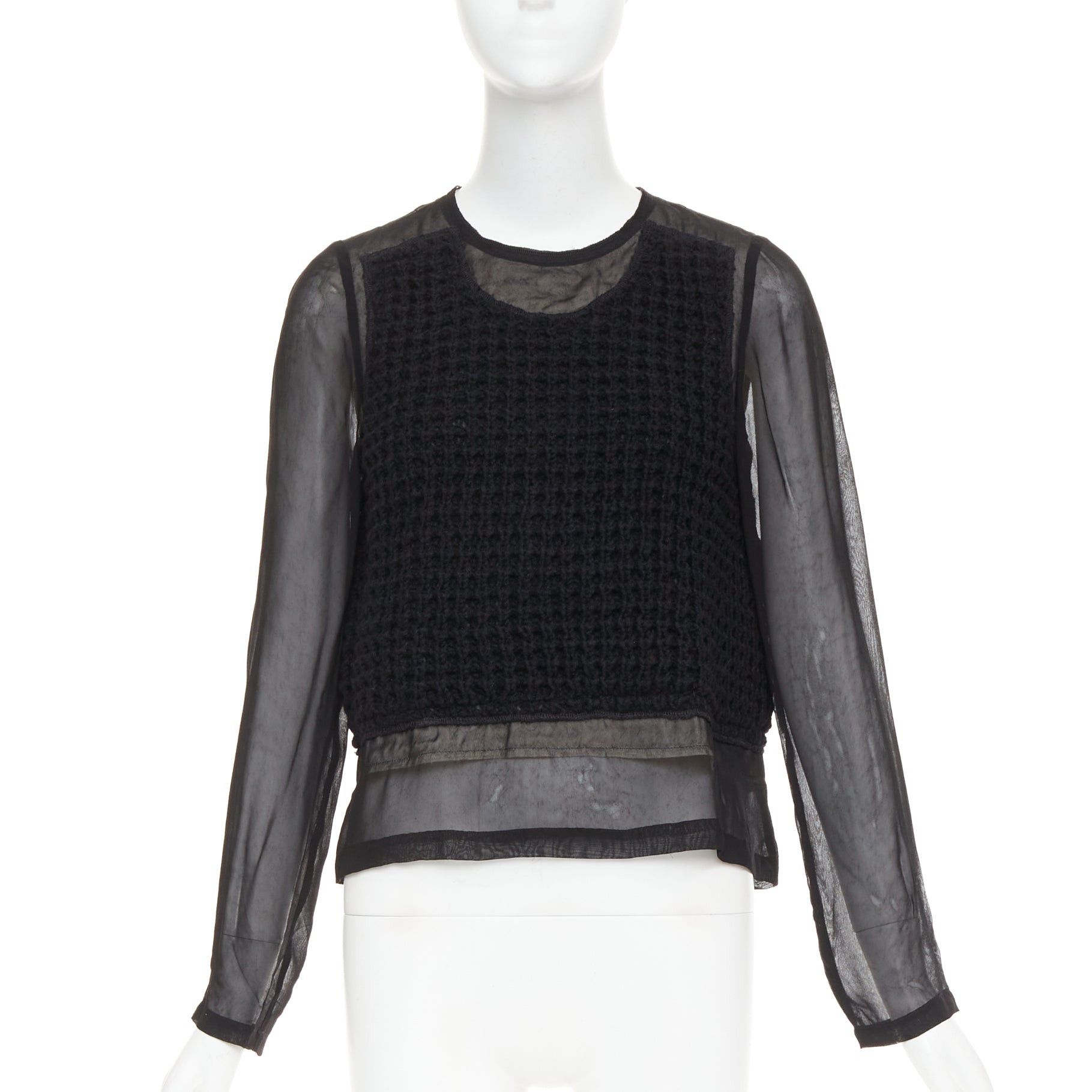 Comme des Garcons COMME DES GARCONS 2014 black cupra wool trim woven sheer overlay top XS Size XS / US 0-2 / IT 36-38 - 1 Thumbnail