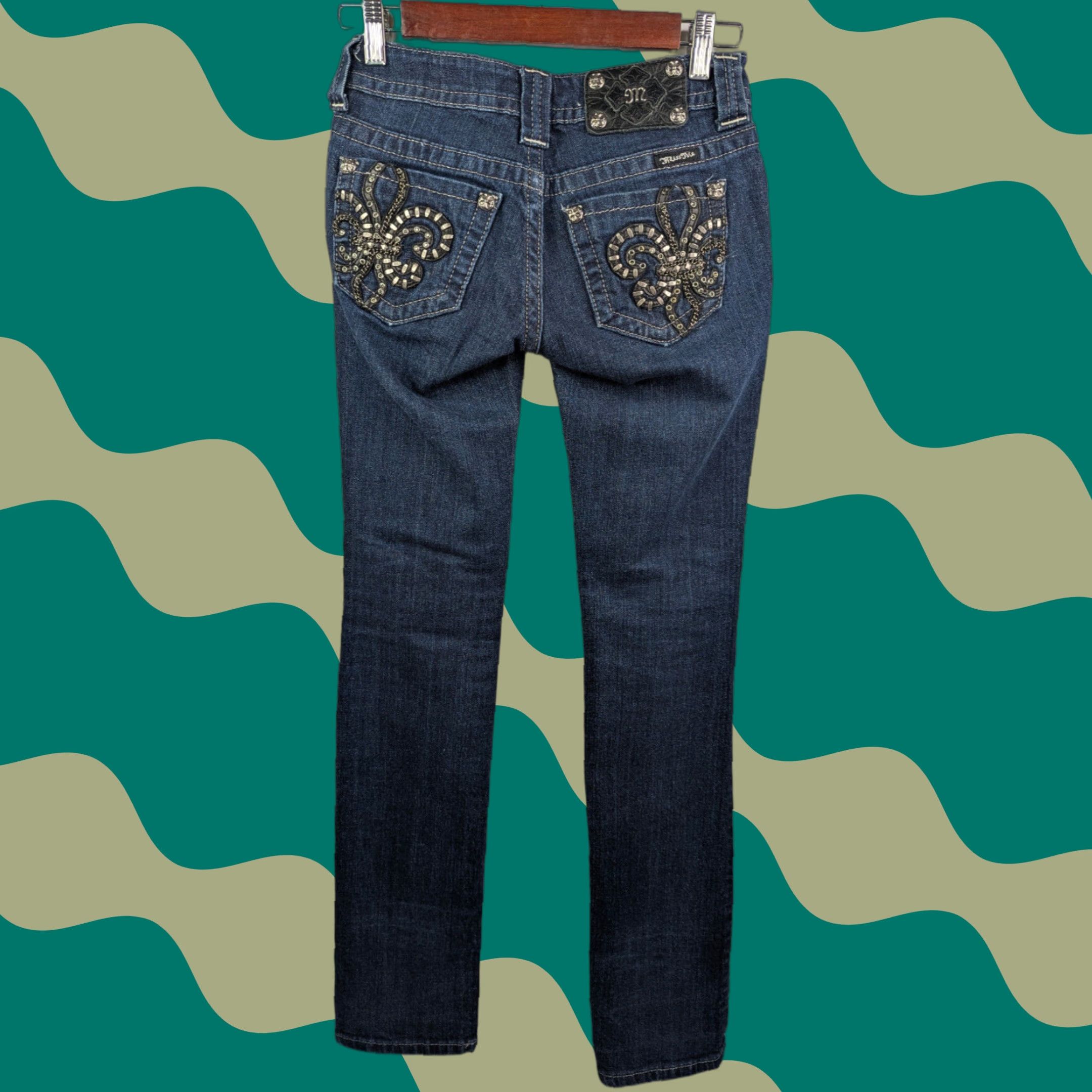Miss Me Miss Me Straight Leg Denim Blue Embelleshed Jeans Low Rise Size 24 JP6048T3 Size 42" / US 20 - 1 Thumbnail