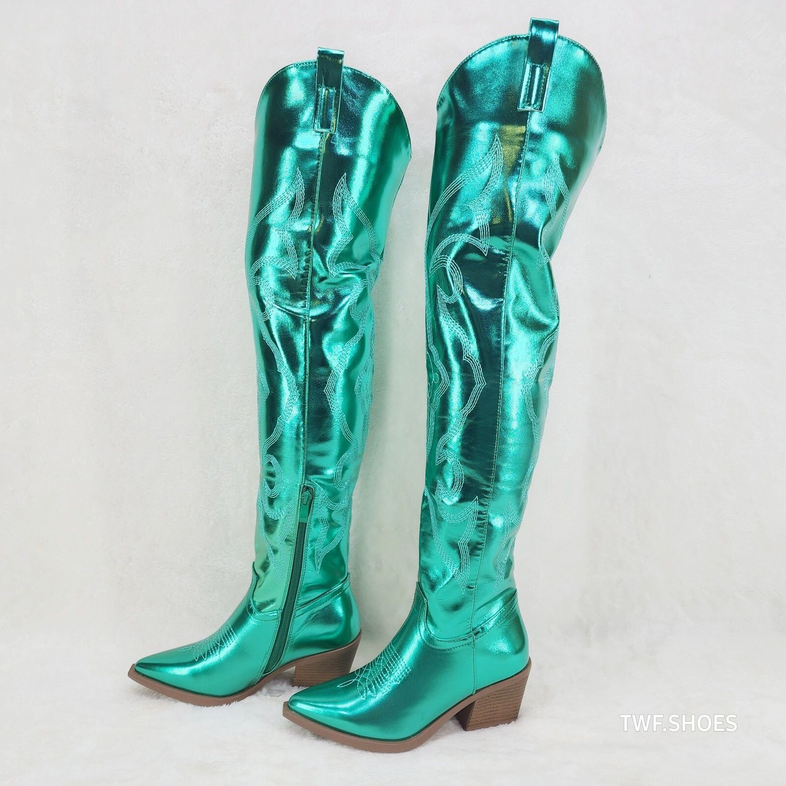 Other Country Disco Cowboy Metallic Green Western Cowgirl OTK Thig Size US 8.5 / IT 38.5 - 1 Thumbnail