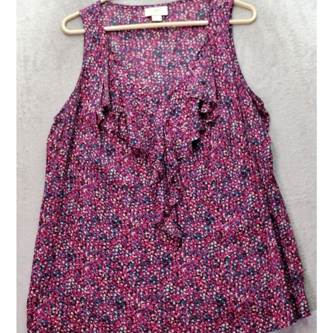Loft LOFT Tank Top Womens Large Magenta Teal Floral Ruffle Sleeveless V Neck Pullover Size L / US 10 / IT 46 - 2 Thumbnail