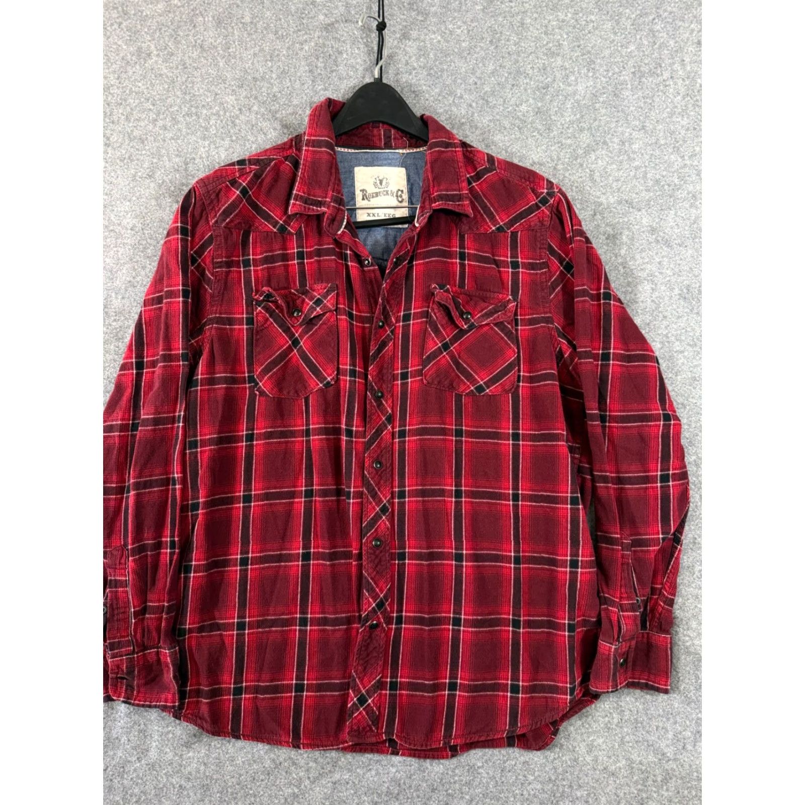 CO VINTAGE Roebuck & Co Western Shirt Mens 2XL Red Plaid Flannel Pearl Snap Long Sleeve Pockets Cowboy Mens Size US XXL / EU 58 / 5 - 3 Thumbnail