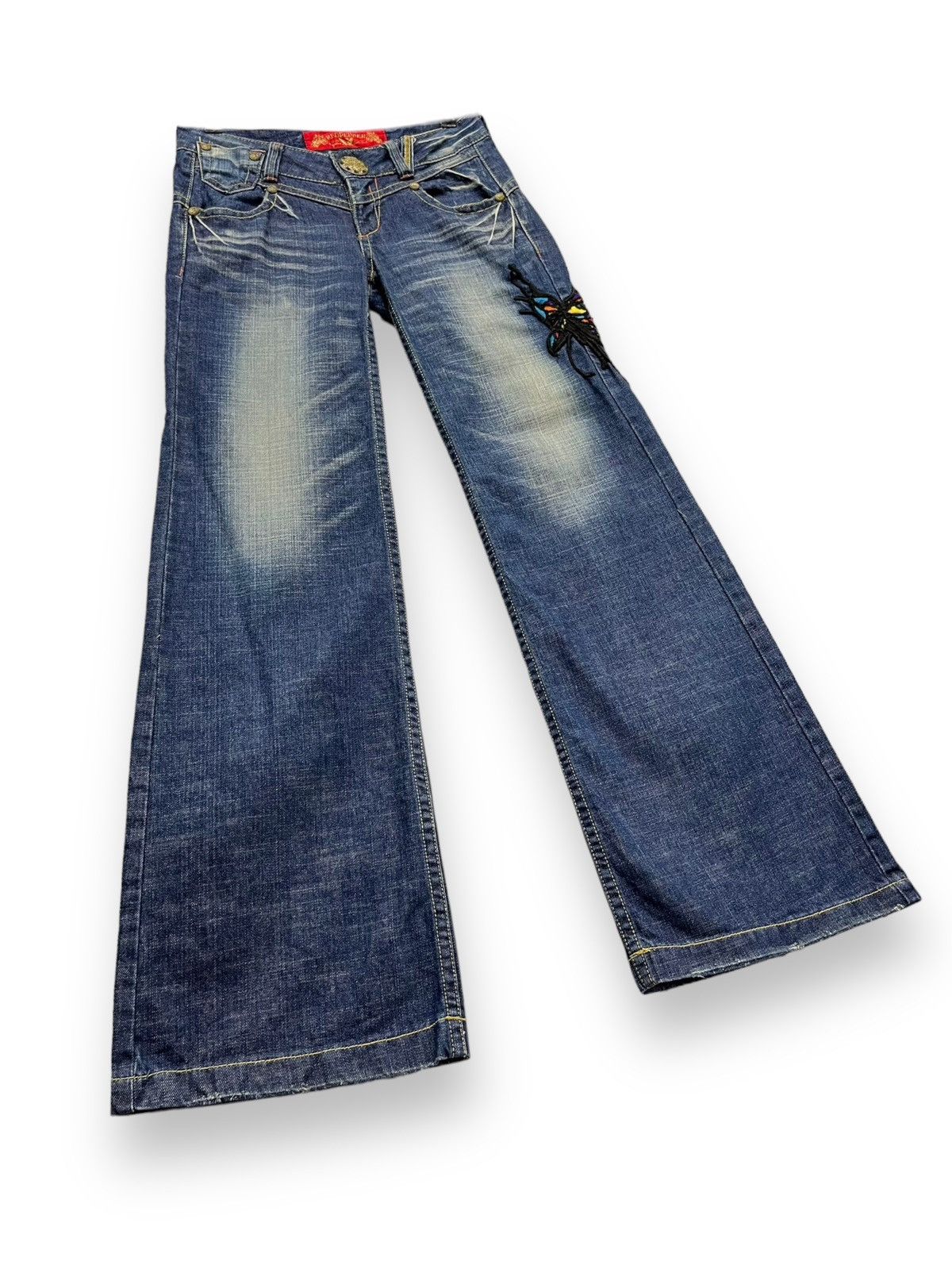 Arts & Science FYE TATTOO🔥RED PEPPER Butterfly Embroidery Wide Flare Denim Size 29" - 8 Thumbnail