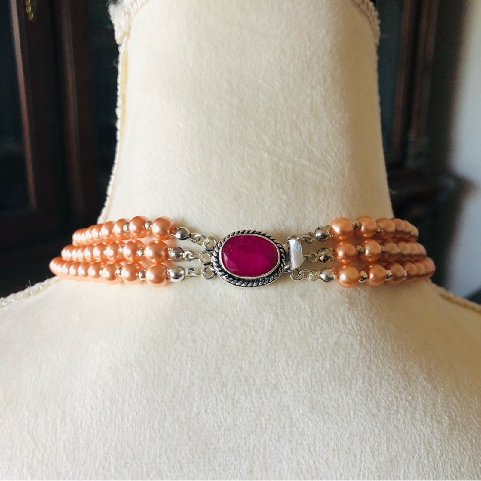 Handmade Handcrafted triple strand Czech Pearl genuine ruby neckla Size ONE SIZE - 6 Thumbnail