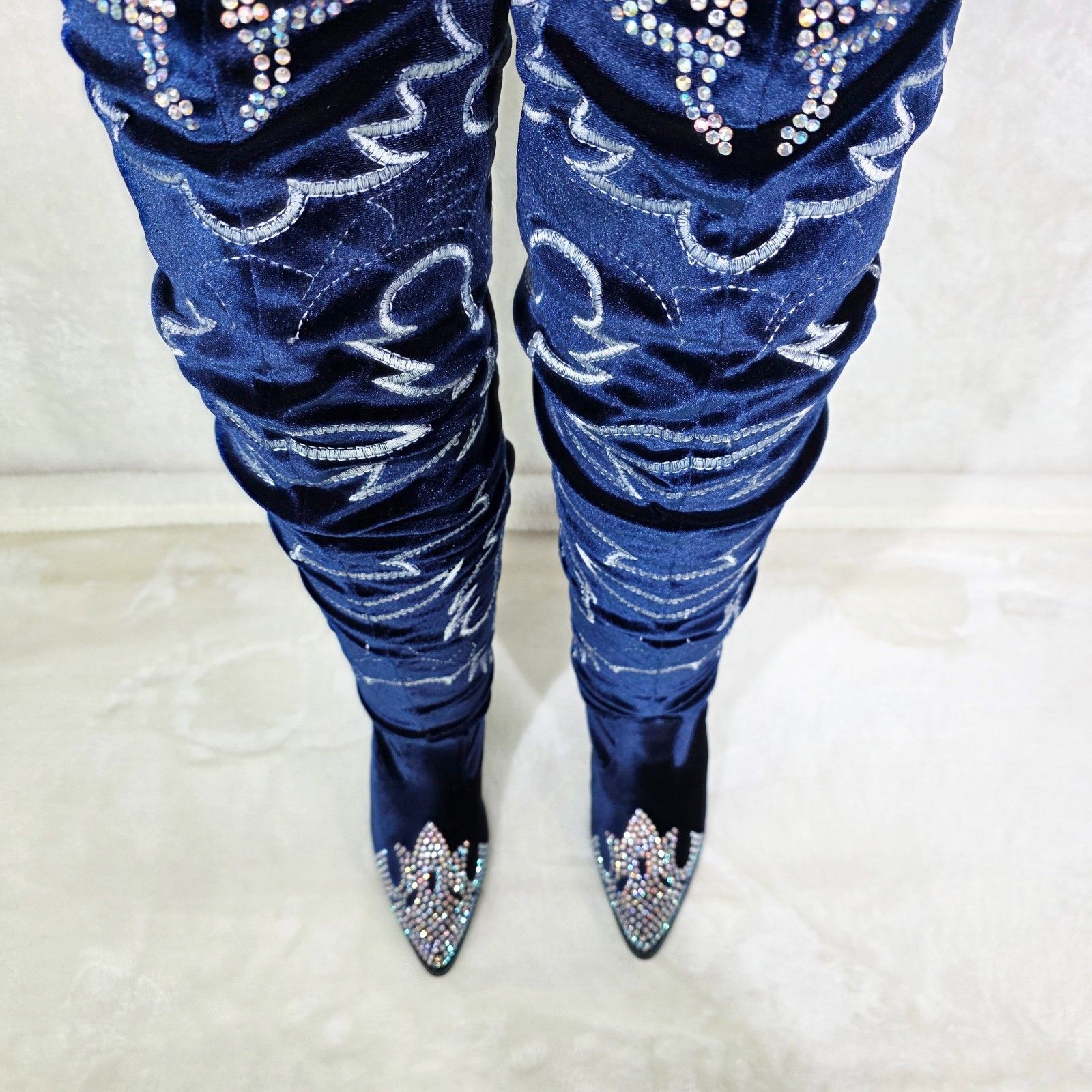 Other Delish Blue Velvet Western Slouch OTK Thigh High Cowboy Boot Size US 6.5 / IT 36.5 - 7 Thumbnail