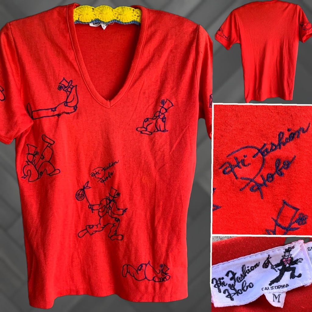 Vintage VINTAGE Hi Fashion Hobo California V Neck Tee Ladies M Red Embroidered 60s 70s 80s Shirt Mens Womens Size M / US 6-8 / IT 42-44 - 1 Thumbnail