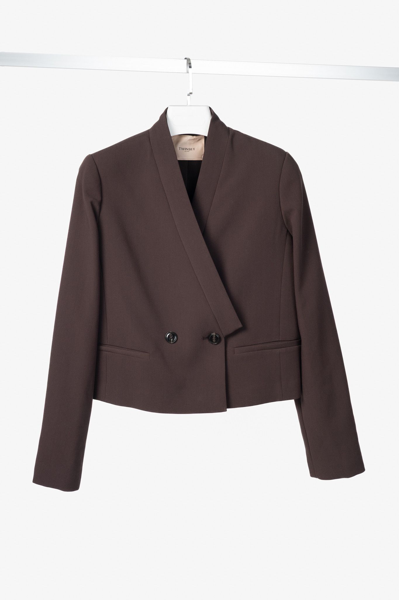 Twinset Crepe Double-Breasted Cropped Blazer in Brown, Women's (Size M)