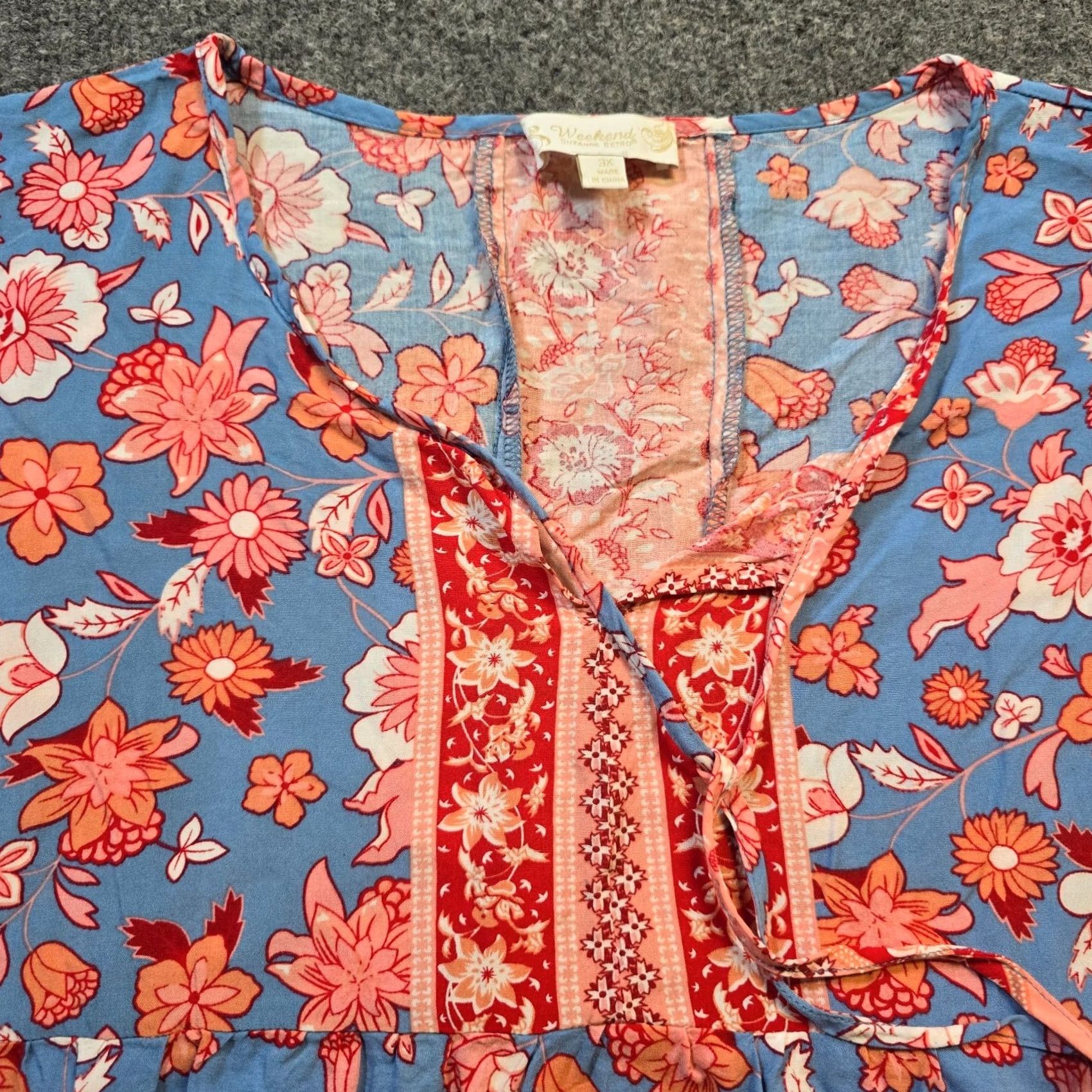 Vintage Suzanne Betro Top Womens 2X Blue Pink Floral Peasant Long Sleeve Casual V-Neck Blouse Size XXL / US 16-18 / IT 52-54 - 2 Thumbnail