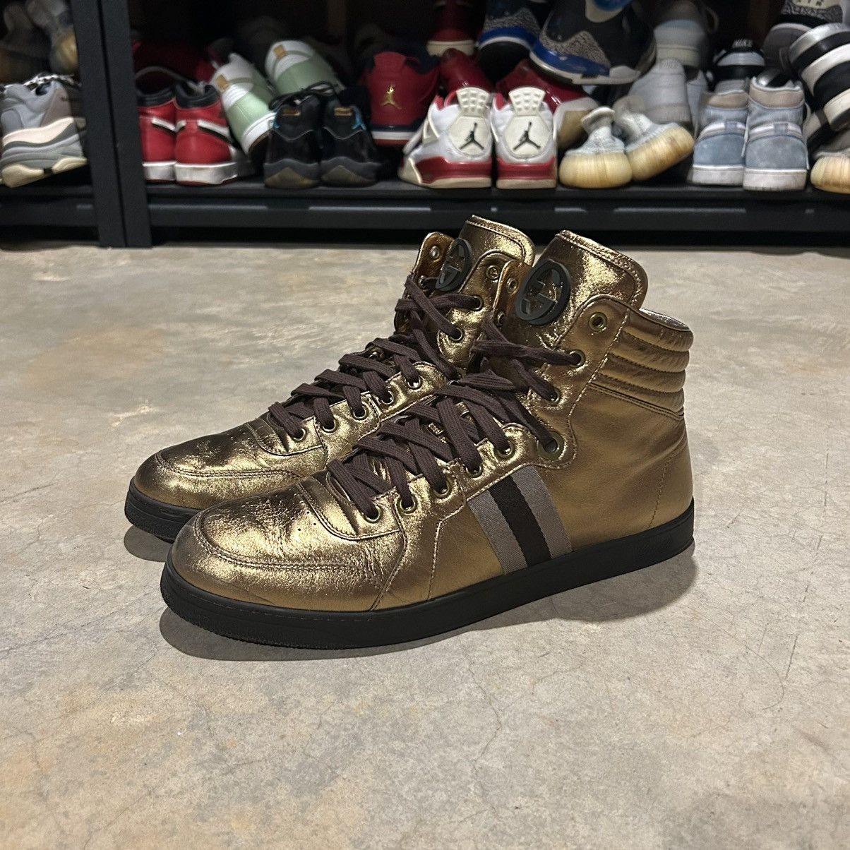 Designer × Gucci Gucci Nappa Silk Metallic Gold Web Stripe High Top Sneakers Size US 13 / EU 46 - 3 Thumbnail