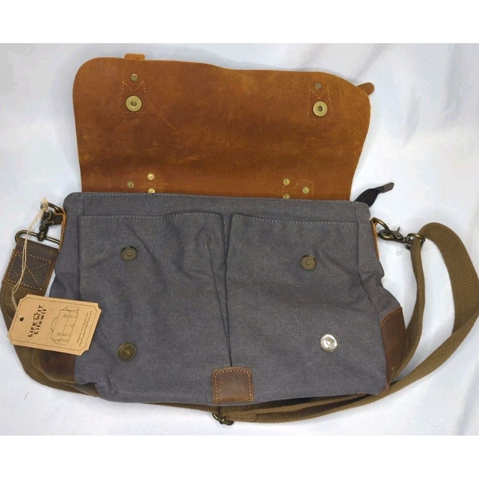Vintage Lifewit Mens Rugged Vintage Canvas Leather Messenger Bag Crossbody Satchel Gray Brown Classic Outdoor Travel Workwear Laptop Size ONE SIZE - 4 Thumbnail