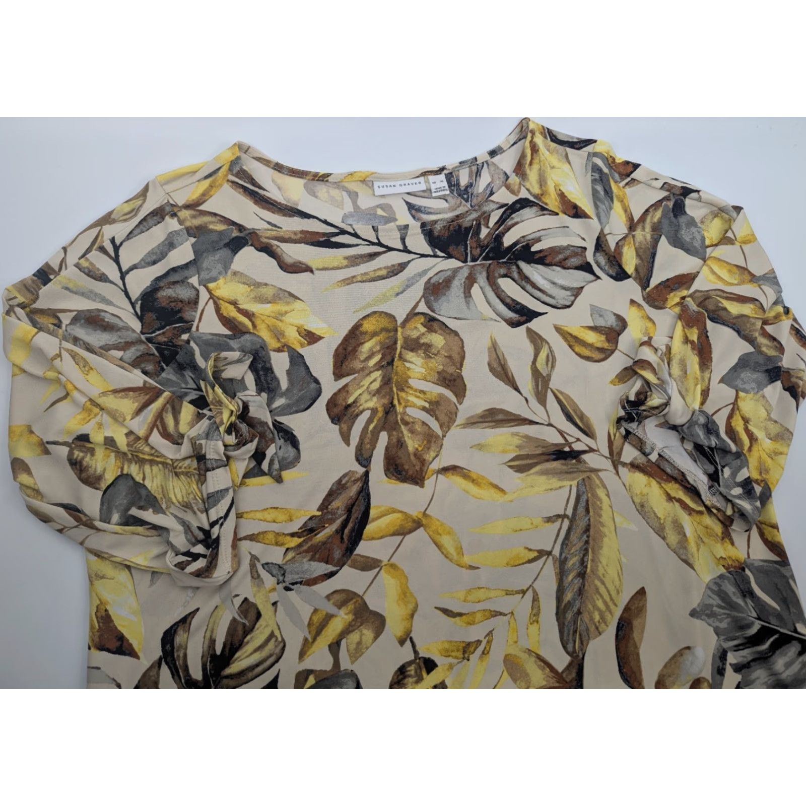 Vintage Susan Graver Tunic Shirt Womens Regular Printed Liquid Knit Tie-Sleeve Yellow XL A395084 Size L / US 10 / IT 46 - 2 Thumbnail