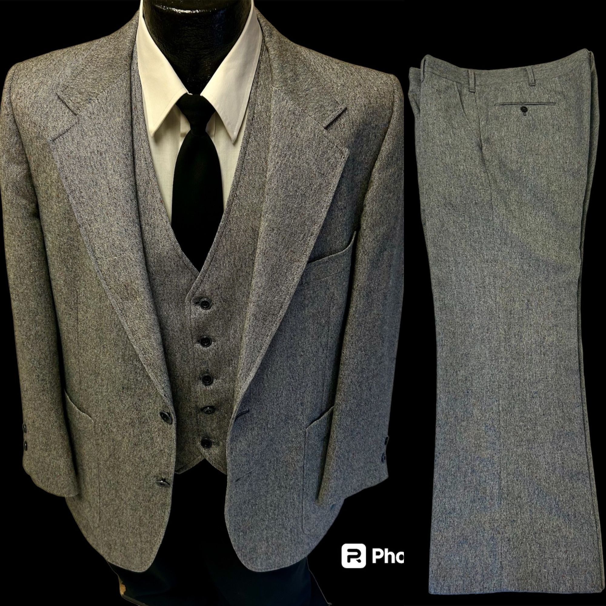 image of Unkwn 3 Pc 60's Johnny Carson Blue Donegal Tweed Rockabilly Suit, Men's (Size 40R)