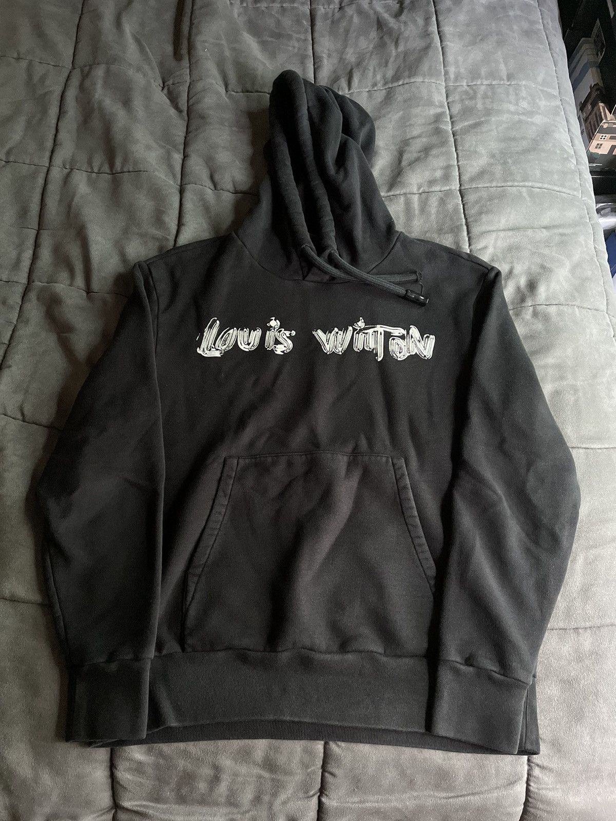 image of Louis Vuitton Brushed Logo Hoodie in Black, Men's (Size Small)