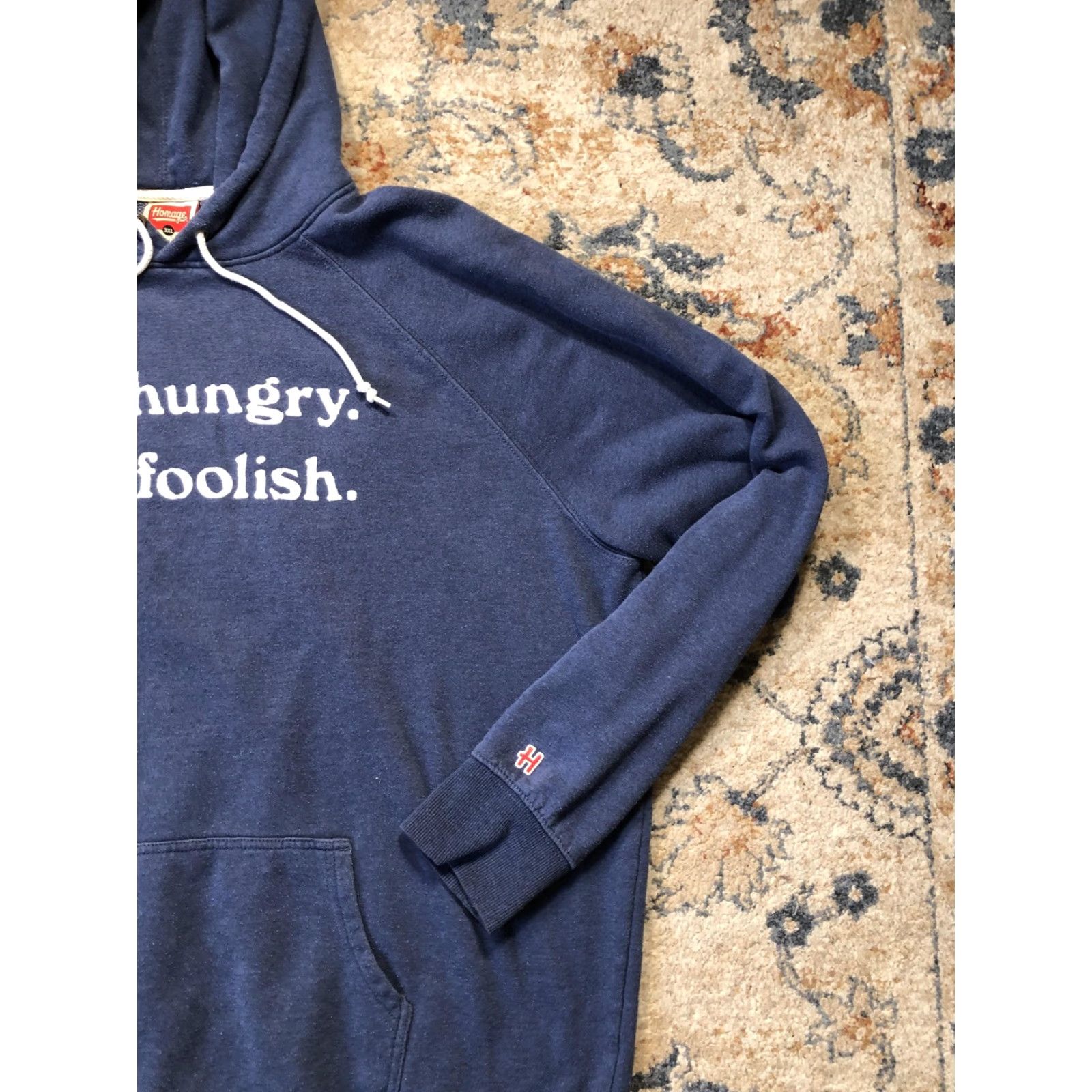 Vintage Homage Hoodie Sweatshirt Mens 3XL Blue Stay Hungry Stay Foolish Pullover Raglan Hooded Pockets Graphic Print Fleece Size US XXL / EU 58 / 5 - 4 Thumbnail