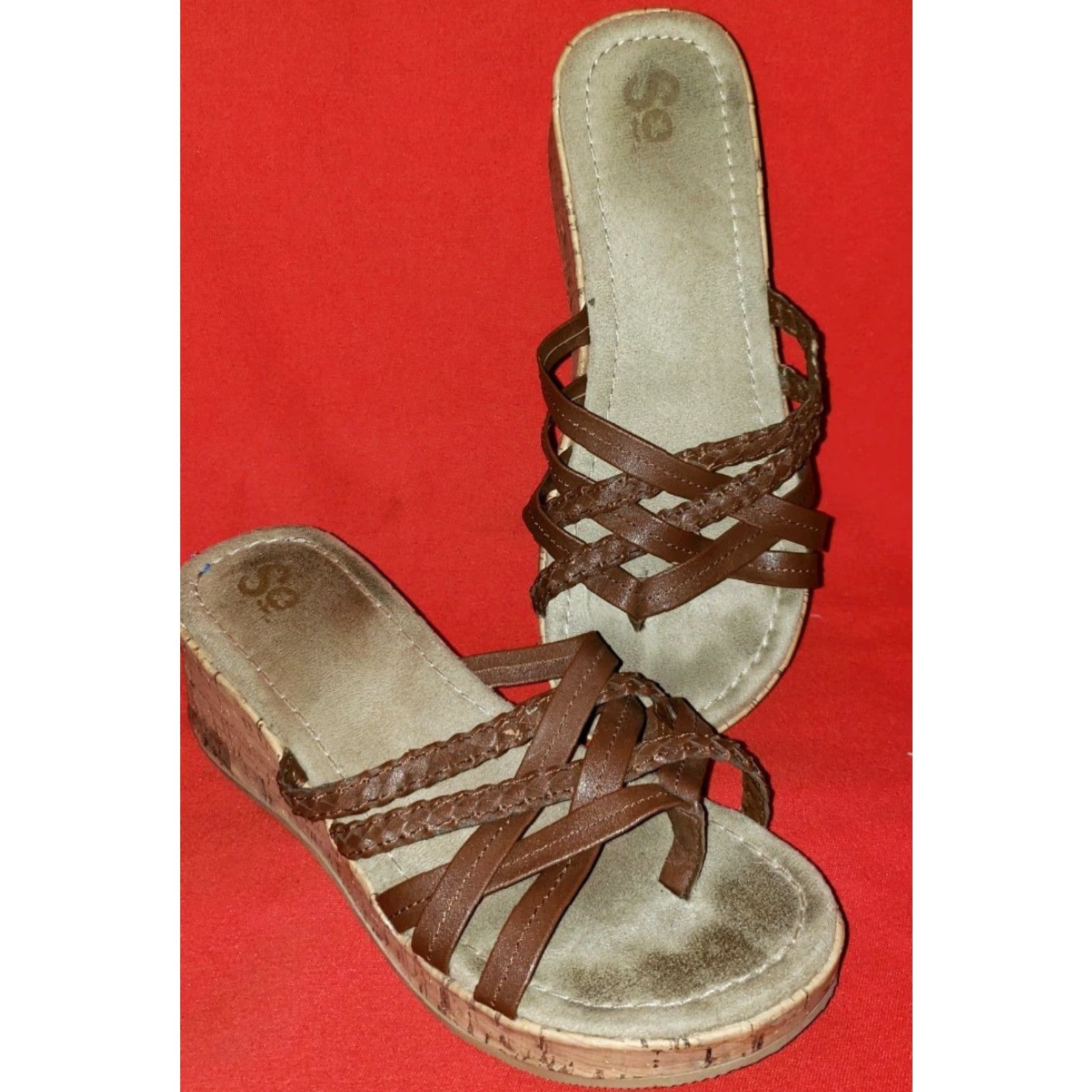 Vintage SO Women's Slide Platform Wedge Sandals Size 7.5M Brown Crossovers Toe Post - Slip On, Faux Leather, Suede Insole, Casual Shoes, Women, 2.5" Heel Size US 6 / IT 36 - 2 Thumbnail