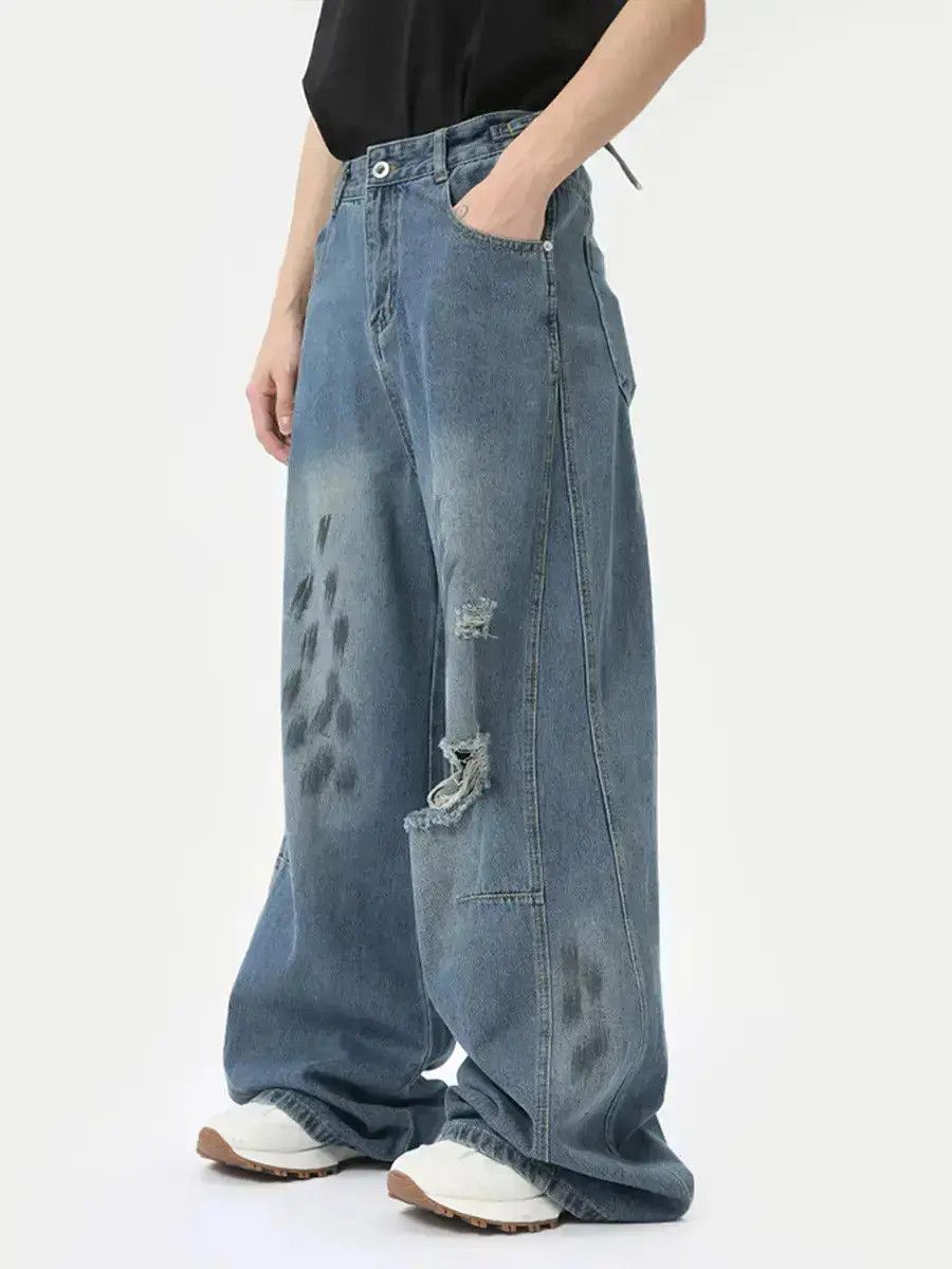 Japanese Brand Retro loose straight leg ripped jeans Size US 32 / EU 48 - 1 Thumbnail