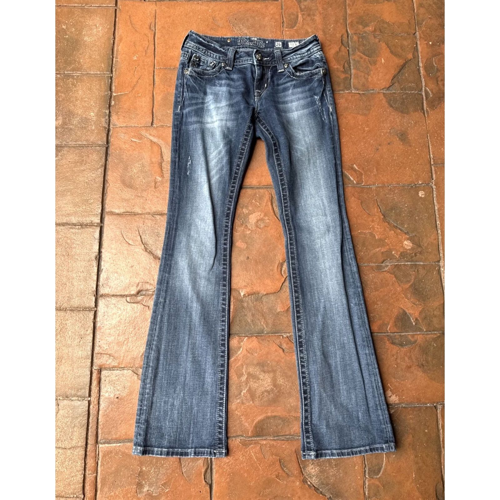 Miss Me VINTAGE Miss Me Boot Cut Jeans Womens 26 Denim Blue 5-Pocket Studded Embellished Rhinestone Logo 90s Theme Boyfriend Modern Bootcut Womens Size 26" / US 2 / IT 38 - 2 Thumbnail