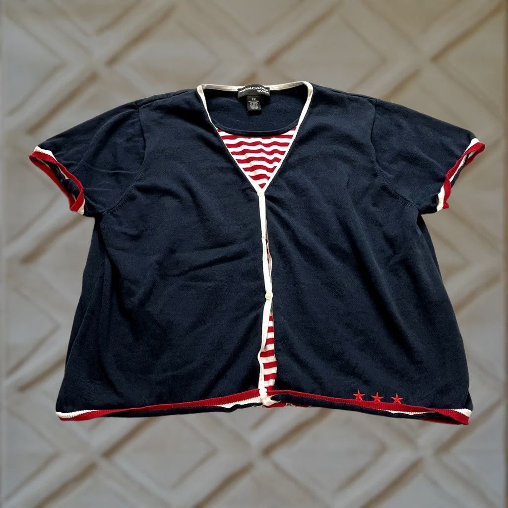 Vintage Norton McNaughton Sweater Short Sleeve Womens 2X Navy Blue Red Striped Combo Top Size XXL / US 16-18 / IT 52-54 - 1 Thumbnail