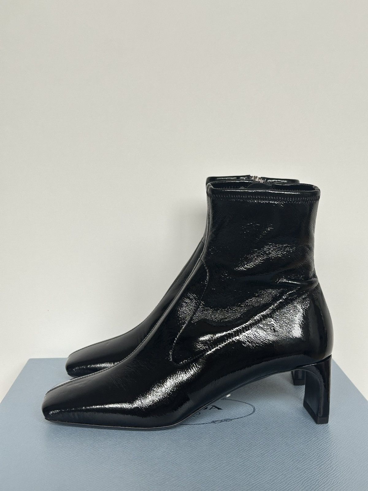 Designer × Prada NEW PRADA Patent Naplak Tech Square Toe Ankle Boots Size US 6 / IT 36 - 2 Thumbnail