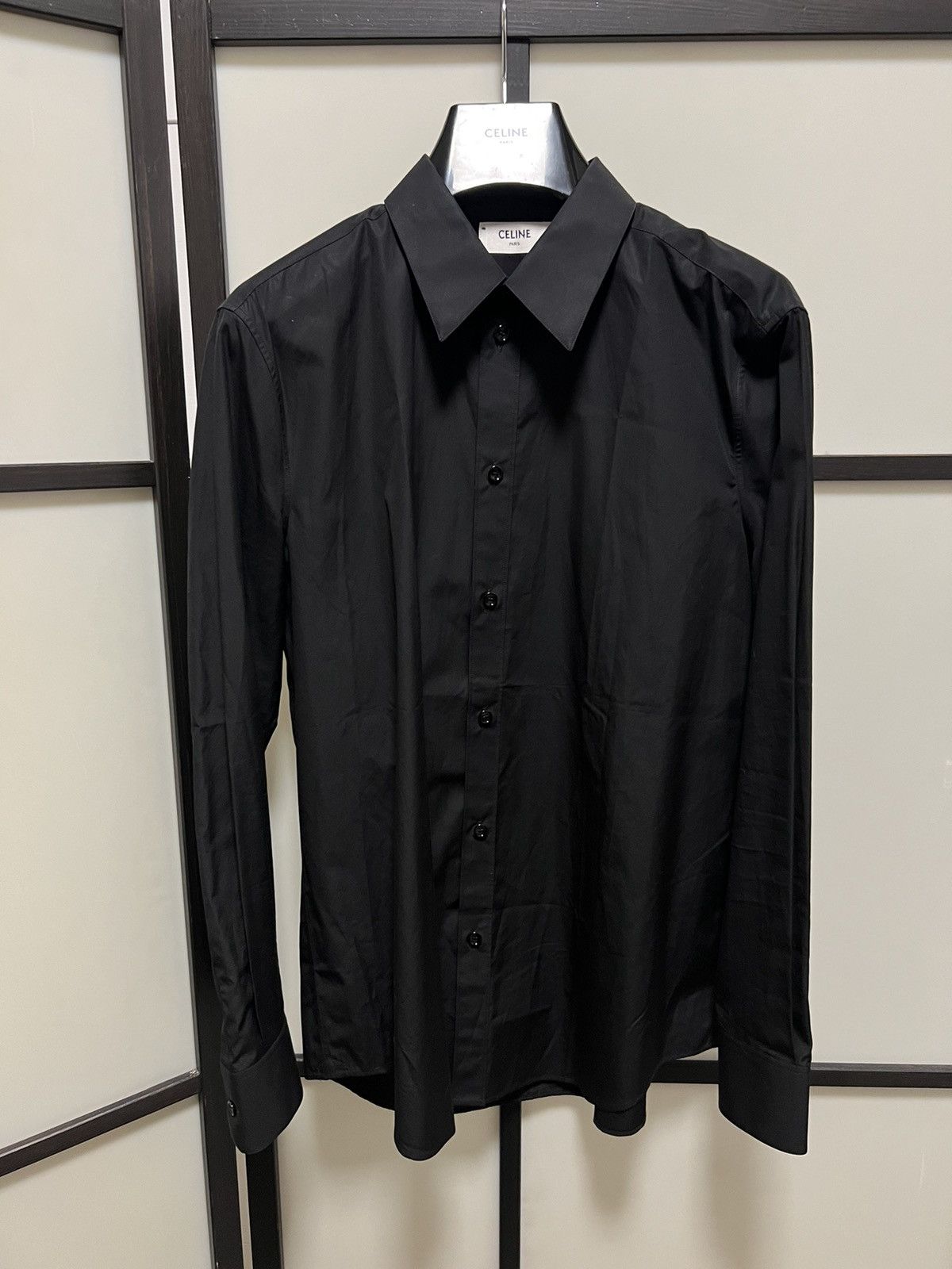 image of Celine x Hedi Slimane Ss19 Drugstore Collar Black Cotton Skinny Shirt 40, Men's (Size Medium)