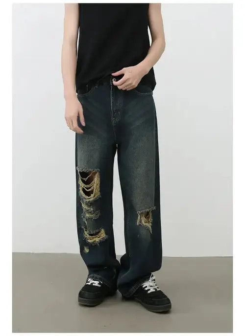Jean American high street retro men's straight loose ripped jeans Size US 32 / EU 48 - 2 Thumbnail