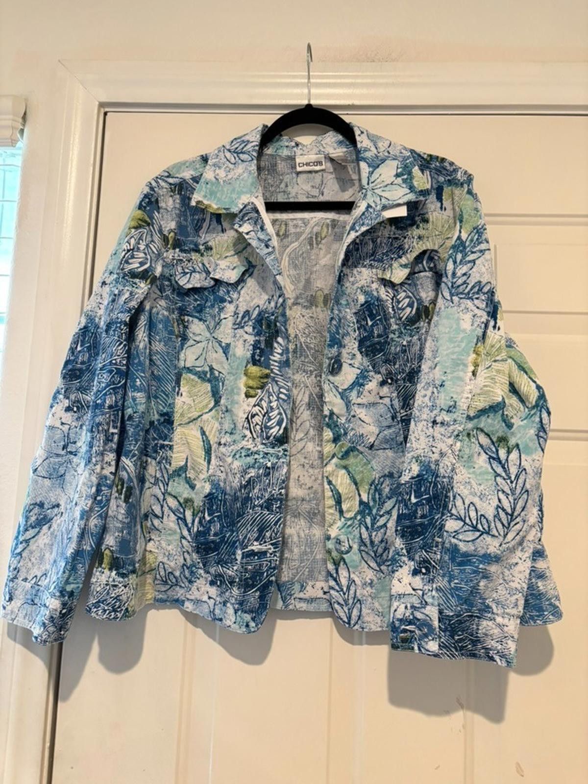 Chicos Womens sz 3 (large) blue floral jacket stretchy #519 Size L / US 10 / IT 46 - 1 Preview