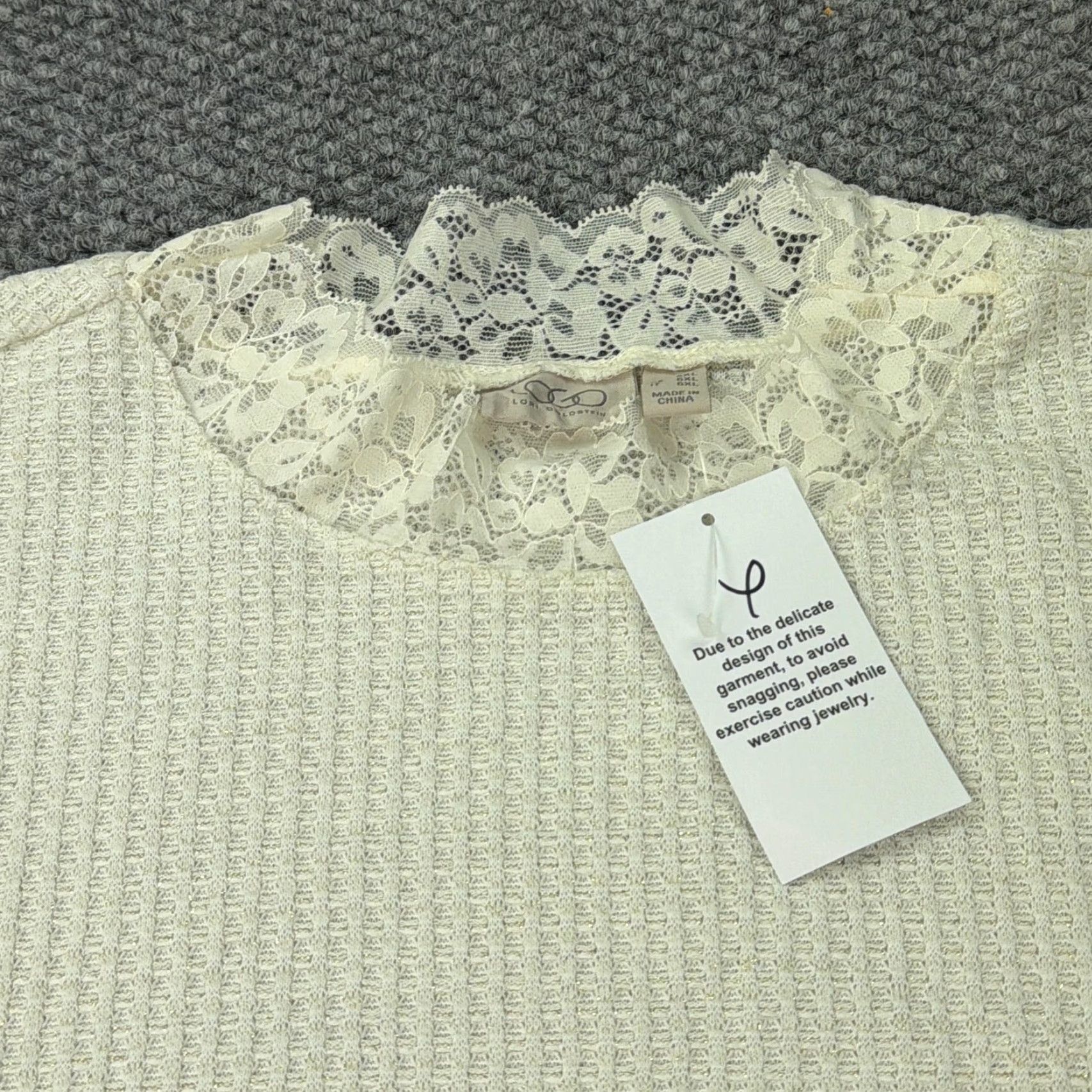 Vintage LOGO Lori Goldstein Shirt Womens 5X White Lace Trim Waffle Knit Long Sleeve Top Size XXL / US 16-18 / IT 52-54 - 2 Thumbnail